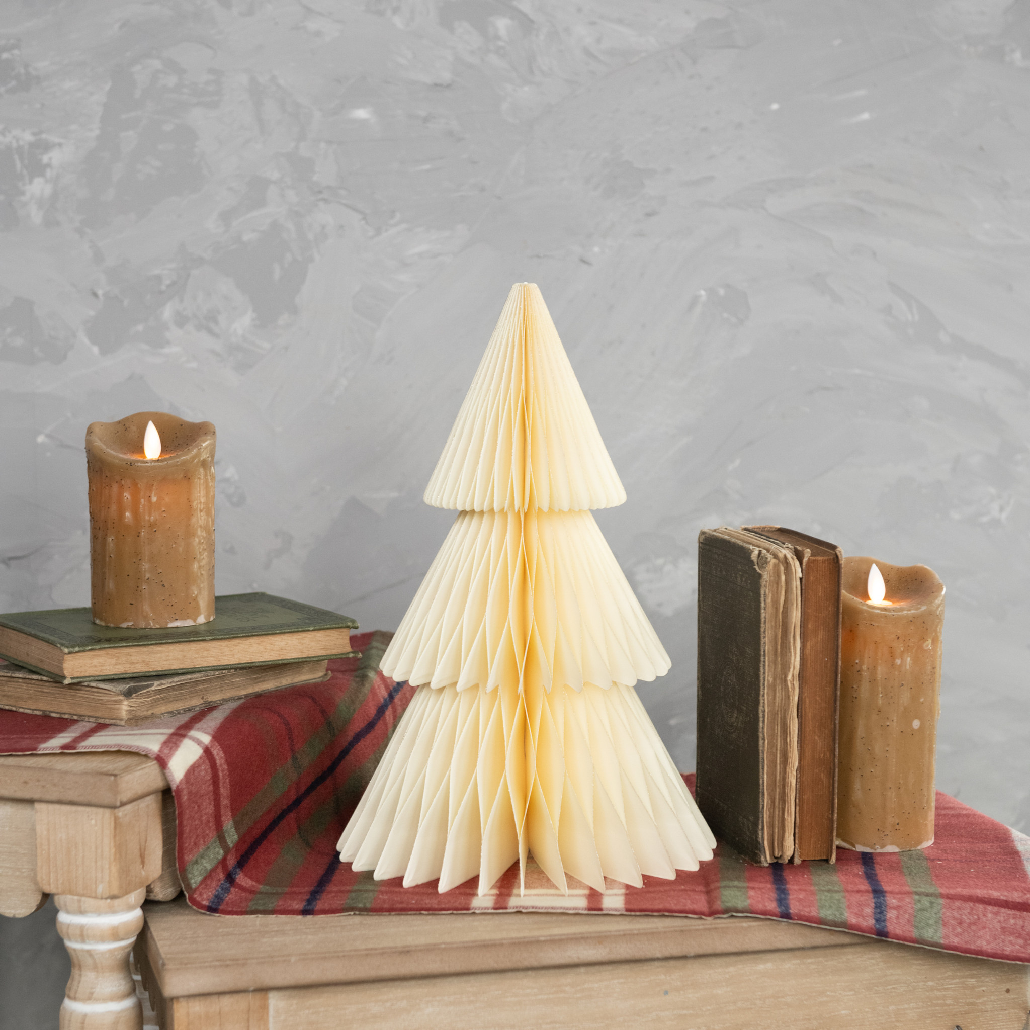 Ivory with Gold Trim Paper Cone Tree, 13.75"