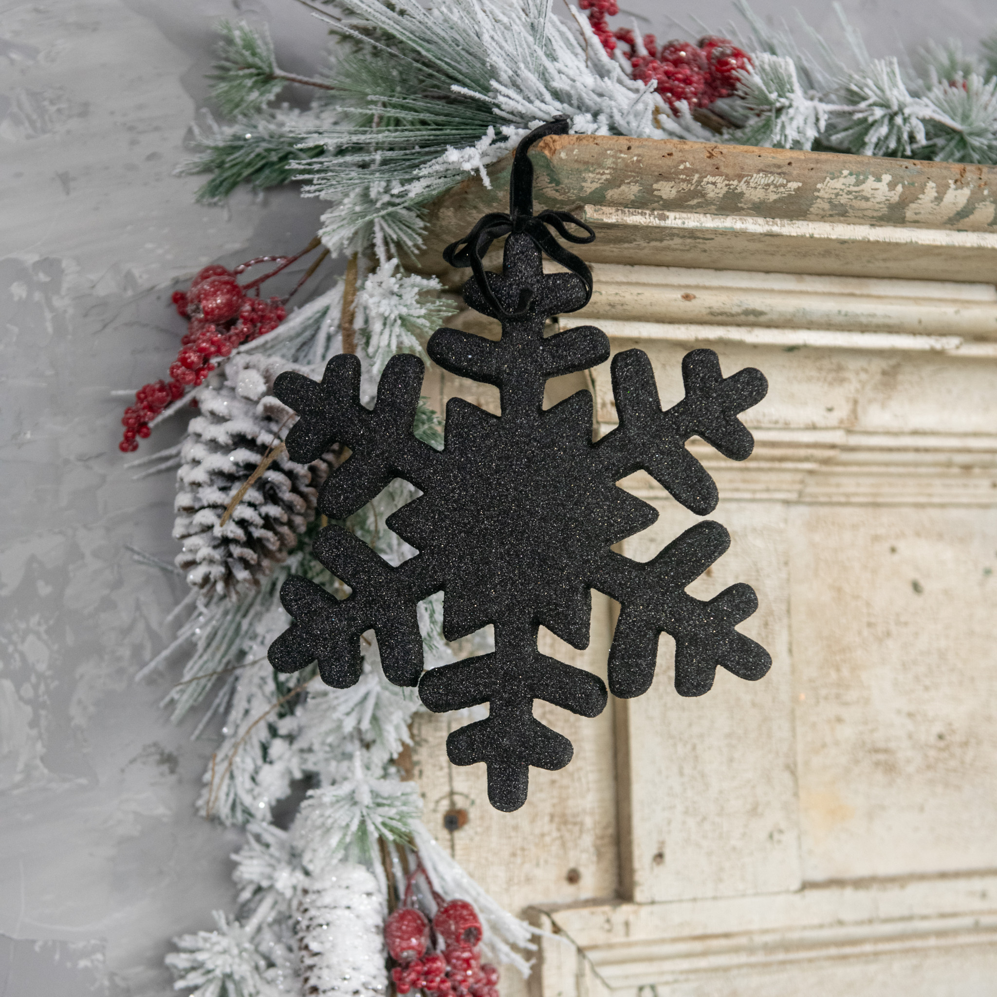 Black Snowflake Ornament with Glitter, 10"