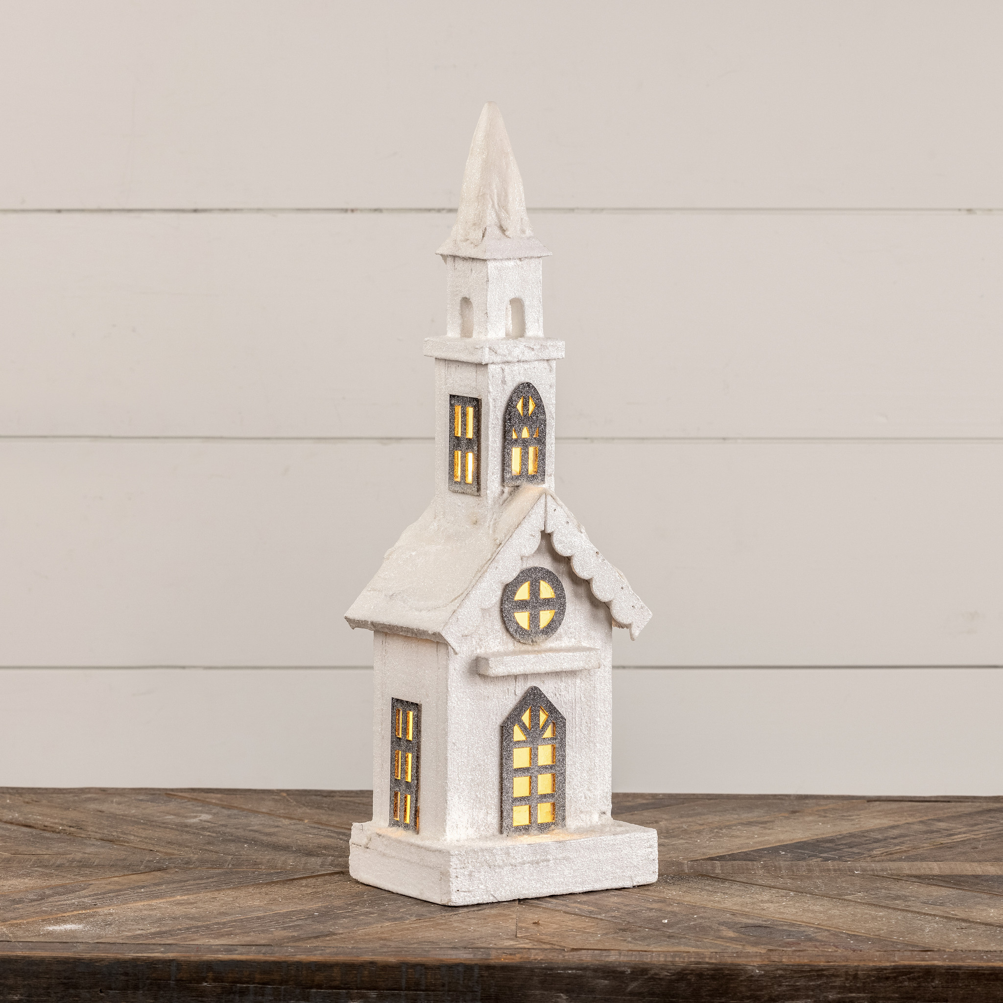 Snowy Lighted Wood Church, 18.5"