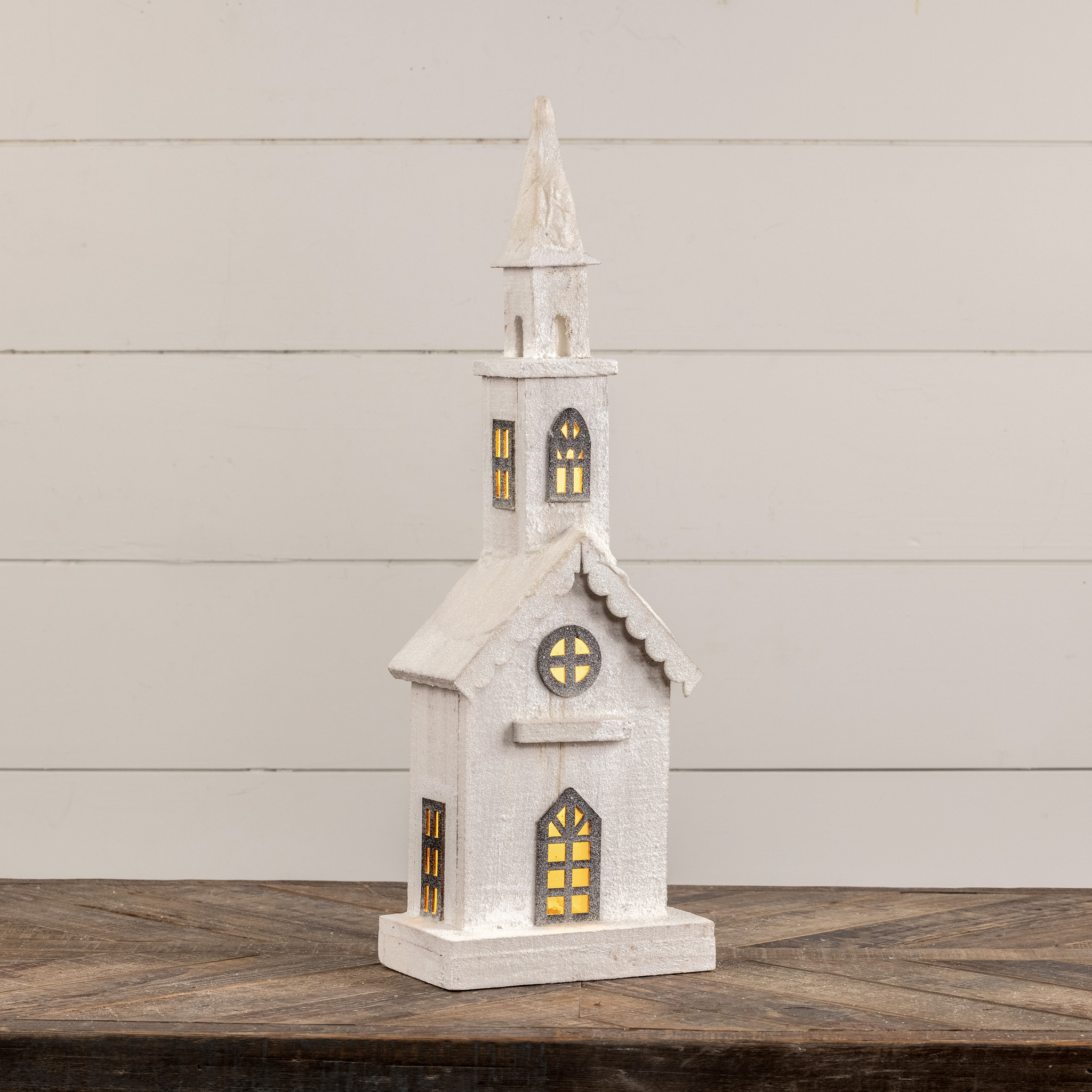 Snowy Lighted Wood Church, 22.5"