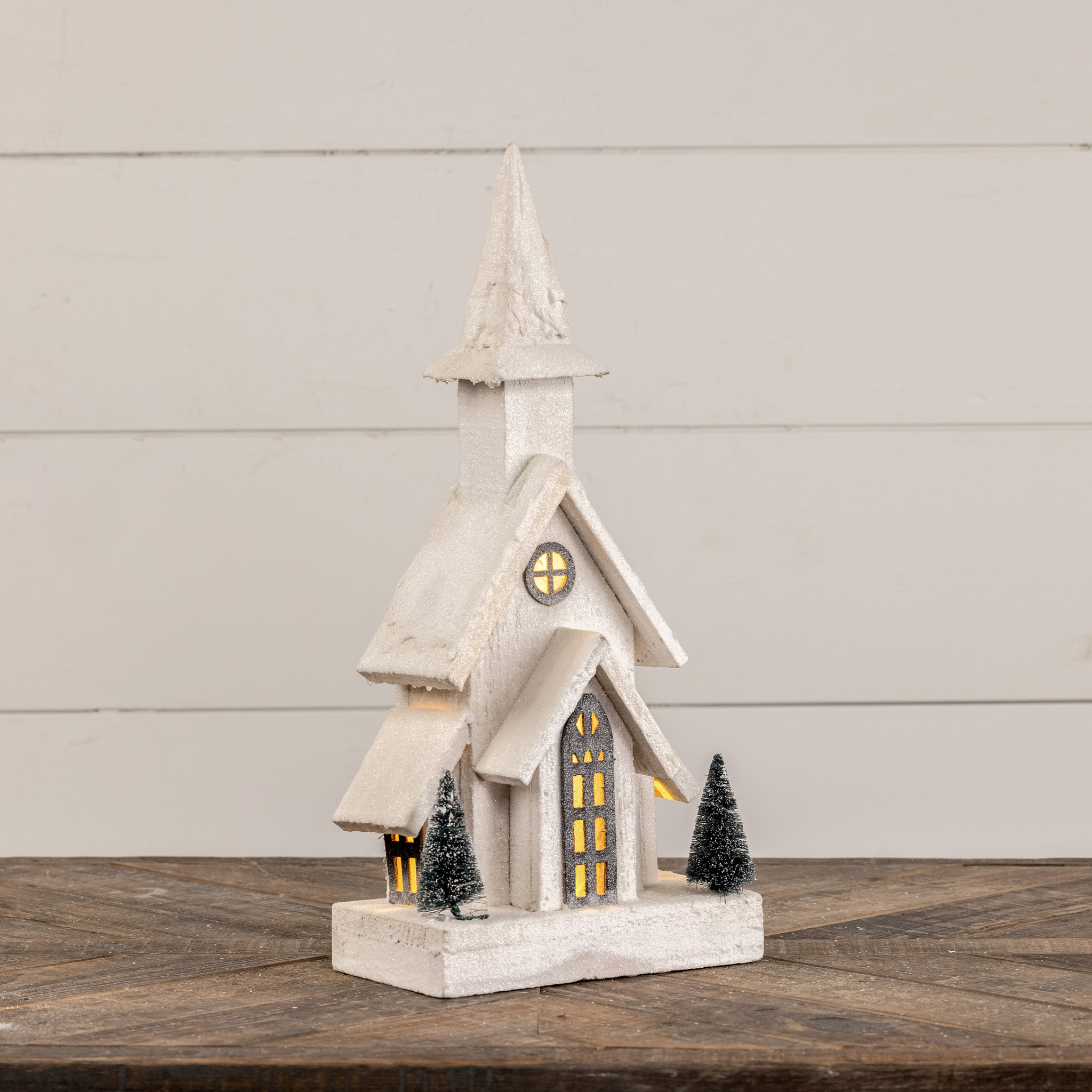 15.75 Snowy Lighted Wood Church