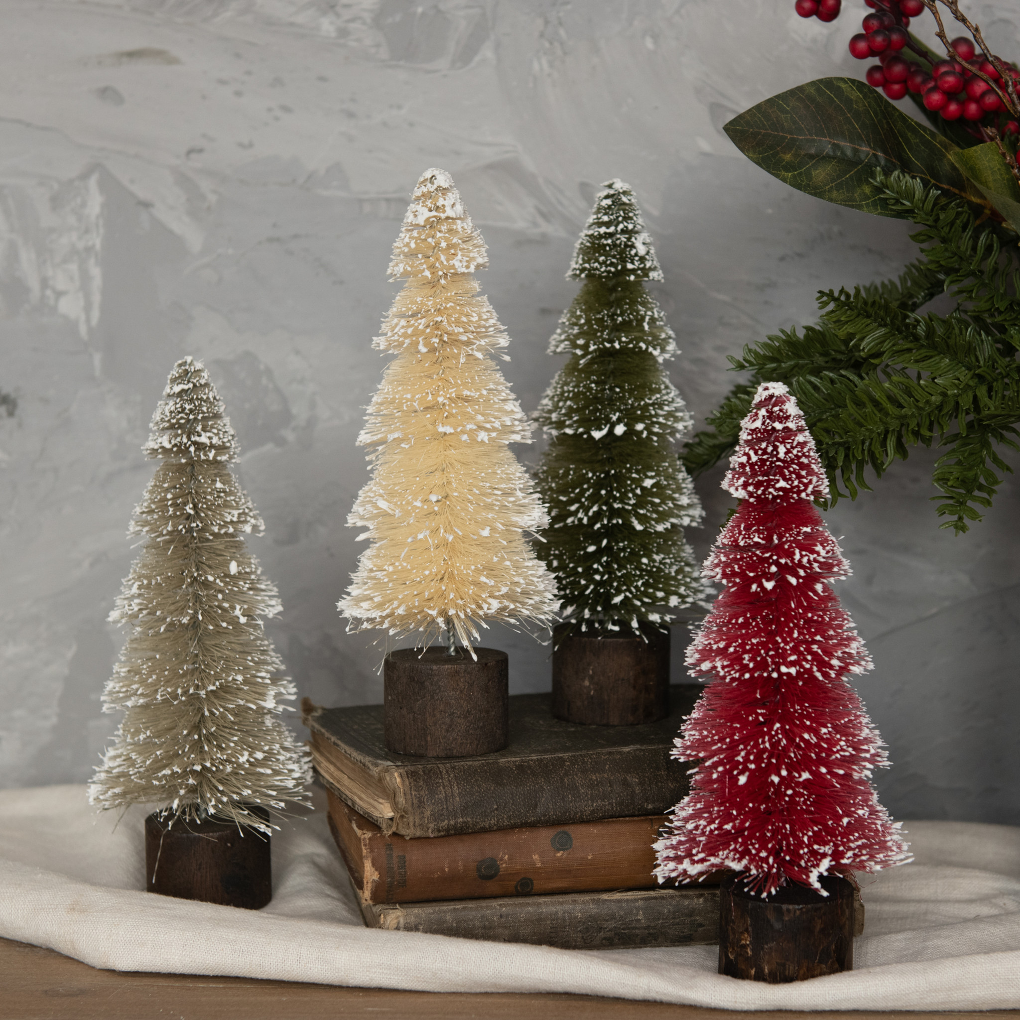 Classic Snowy Christmas Bottlebrush Trees, Set of 4, 8.75"