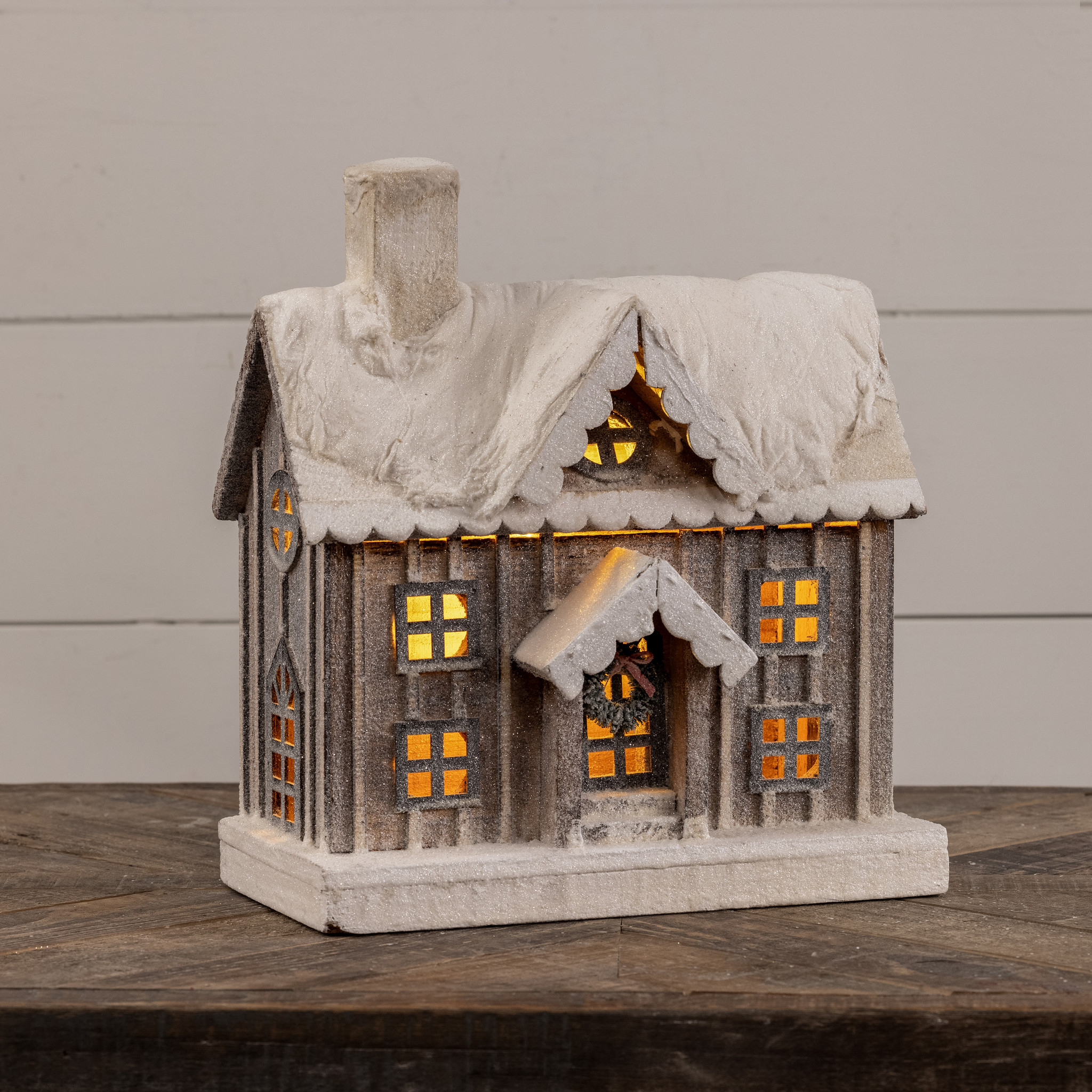 Snowy Lighted Wood House, 13.5"