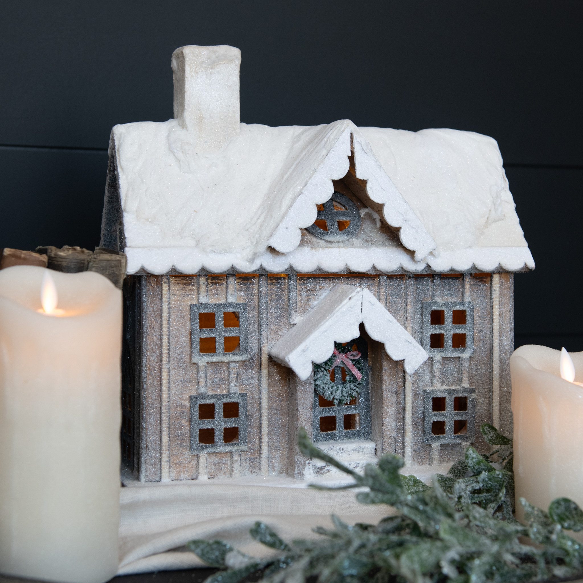 Snowy Lighted Wood House, 13.5"