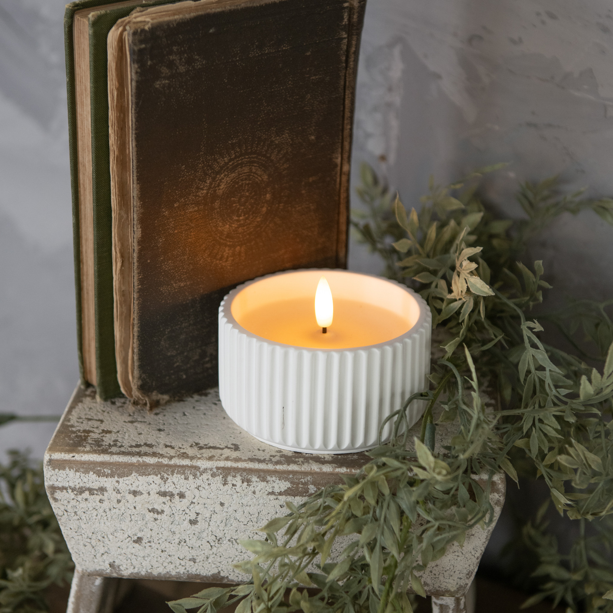 Flameless Ribbed Cement Candle, 2.25"
