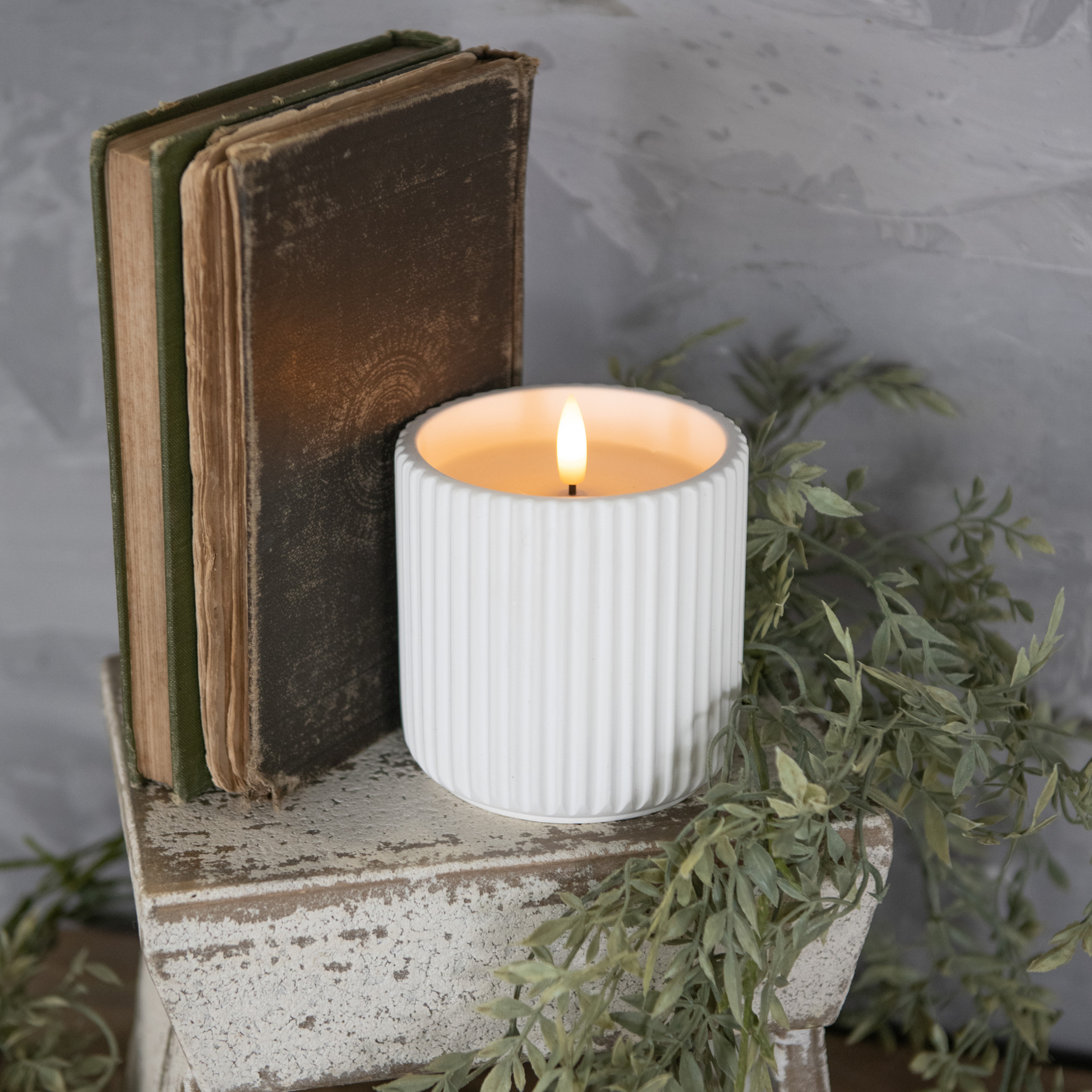 Flameless Ribbed Cement Candle, 4"