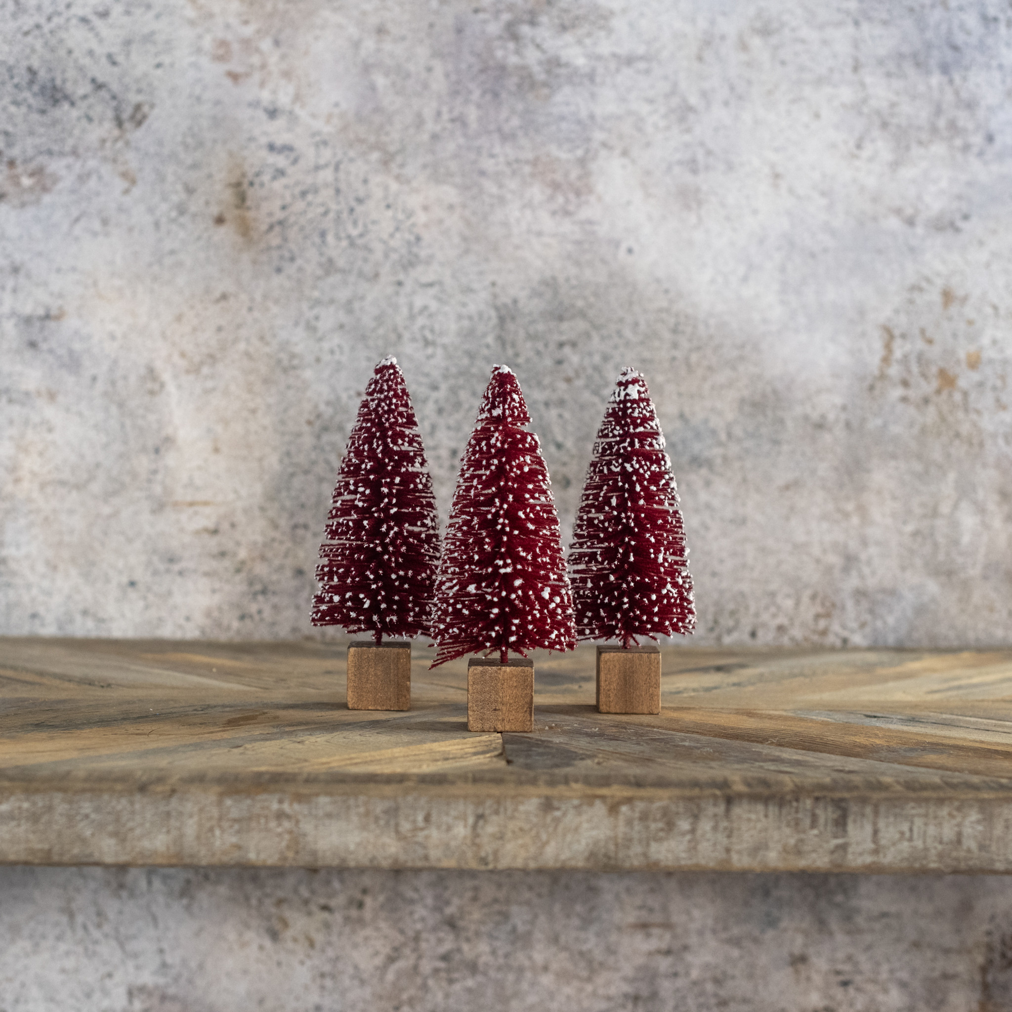 Burgundy Bottlebrush Trees with Snowy Tips, Set of 3, 7", photo 2 of 2