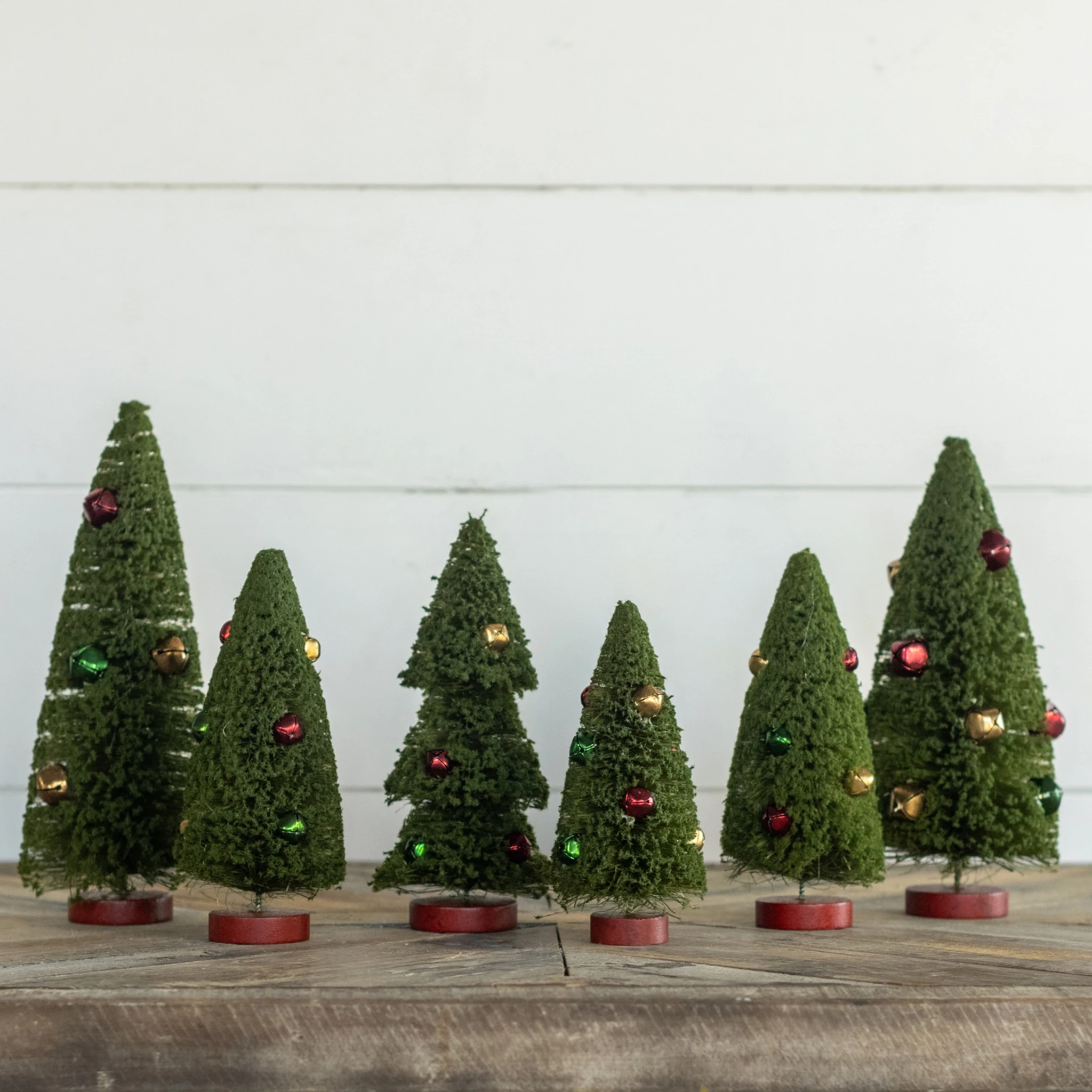 Green Bottlebrush Trees with Jingle Bells, Set of 6