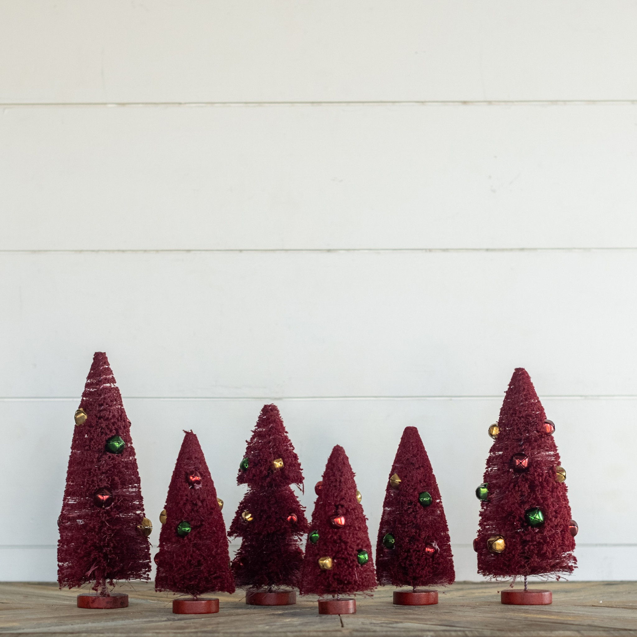 Burgundy Bottlebrush Trees with Jingle Bells, Set of 6