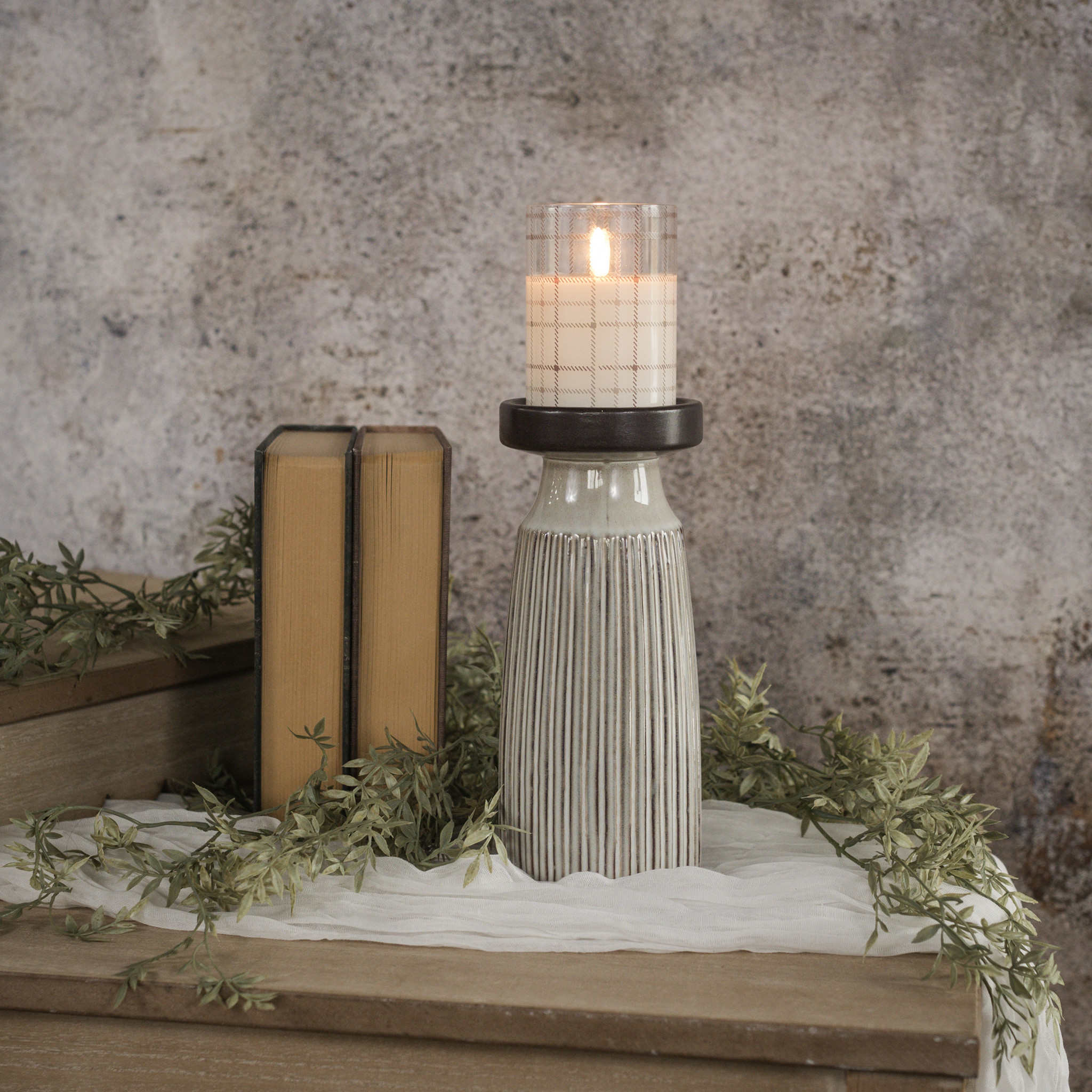 Beige & Brown Pillar Candle Holder, 9.75"
