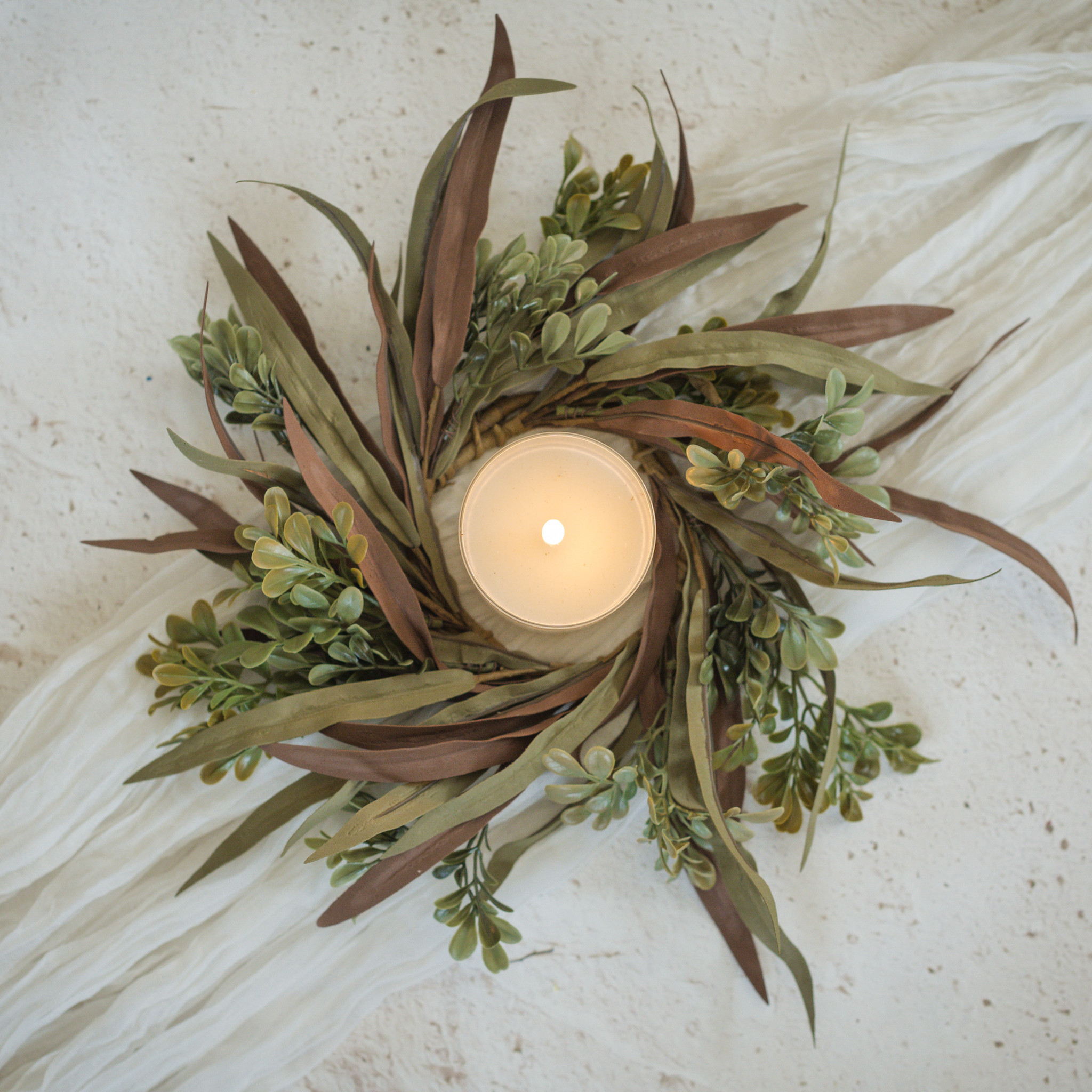 Brown & Green Mixed Leaf Candle Ring, 14"