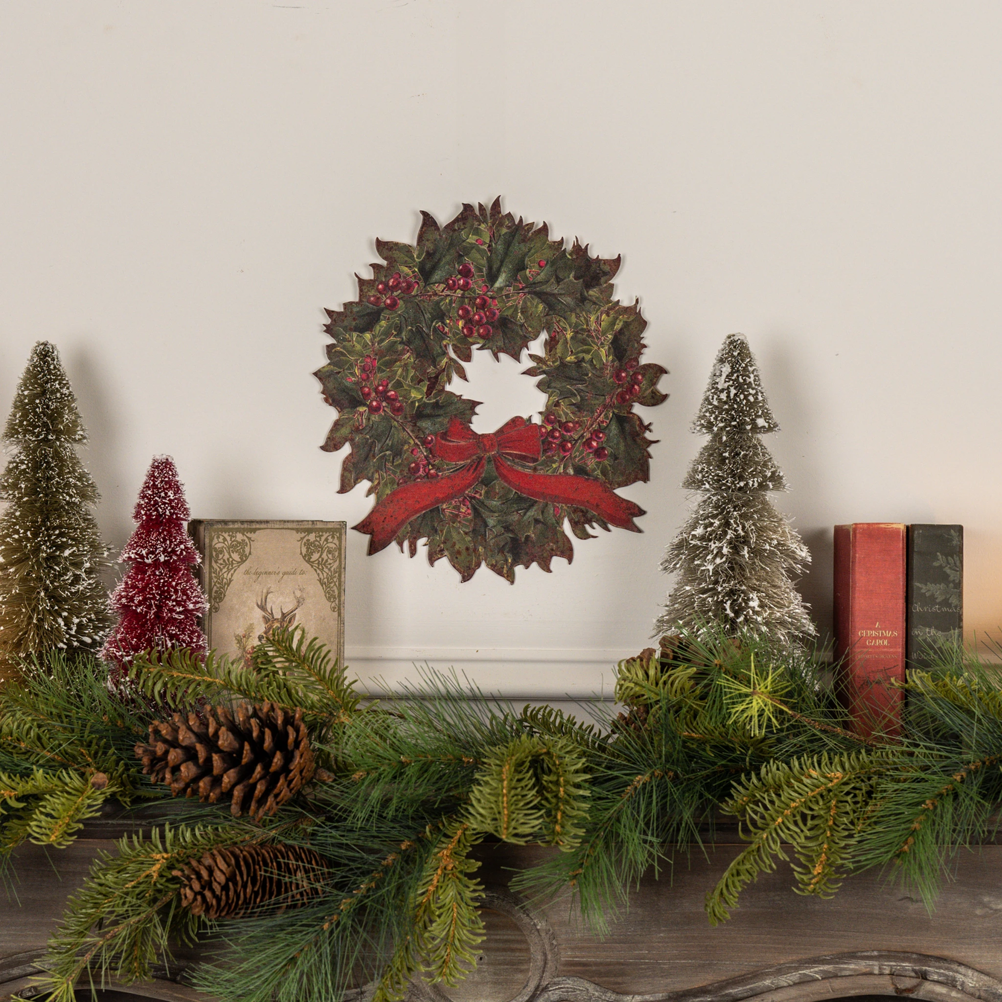 Wreath with Red Bow Metal Wall Plaque