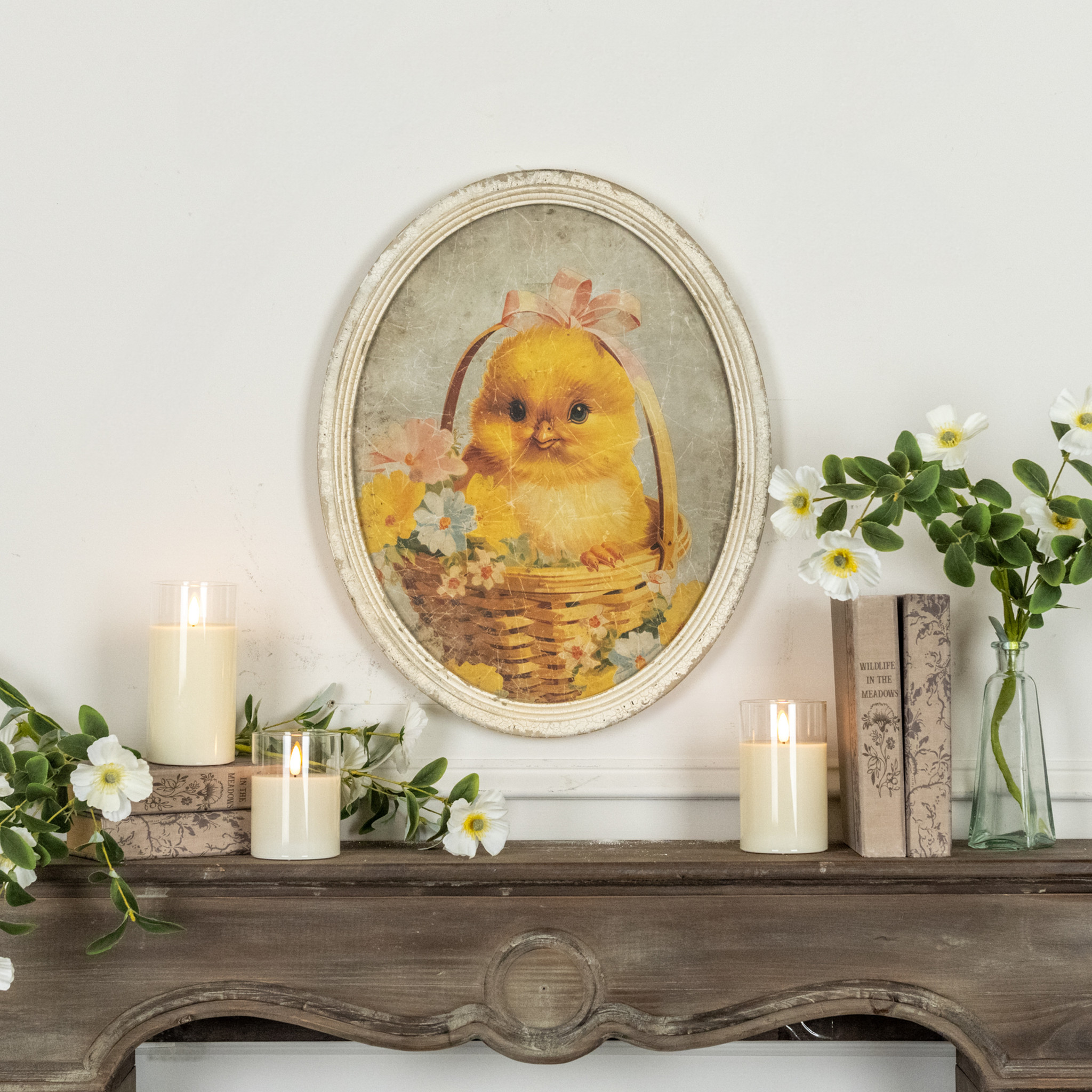 Oval Framed Chick in Basket with Flowers Print
