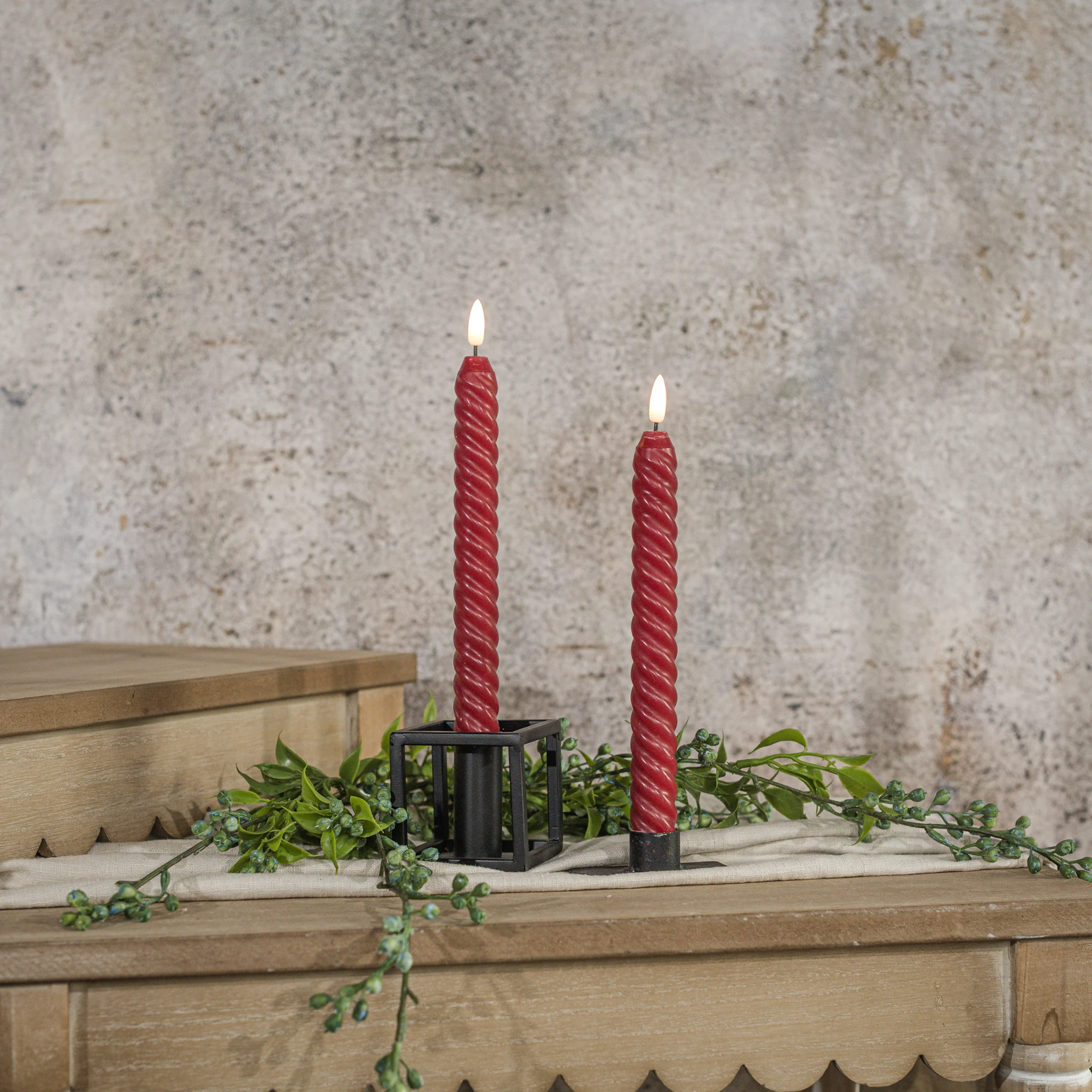 Flameless Twist Red Taper Candles, Set of 2, 9.5"