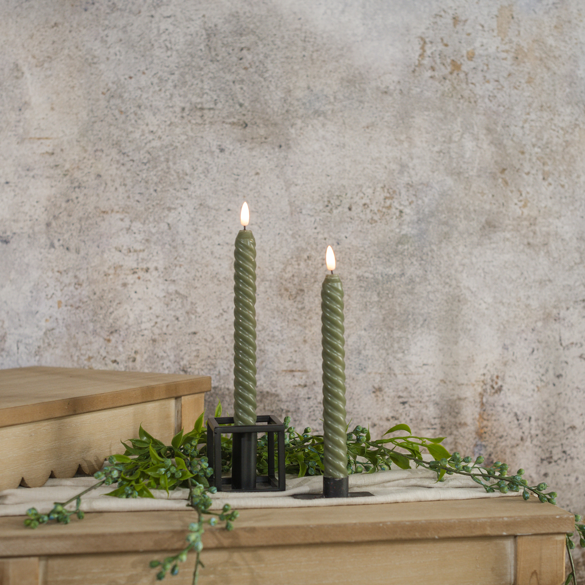 Flameless Twist Dark Green Taper Candles, Set of 2, 9.5", photo 2 of 2