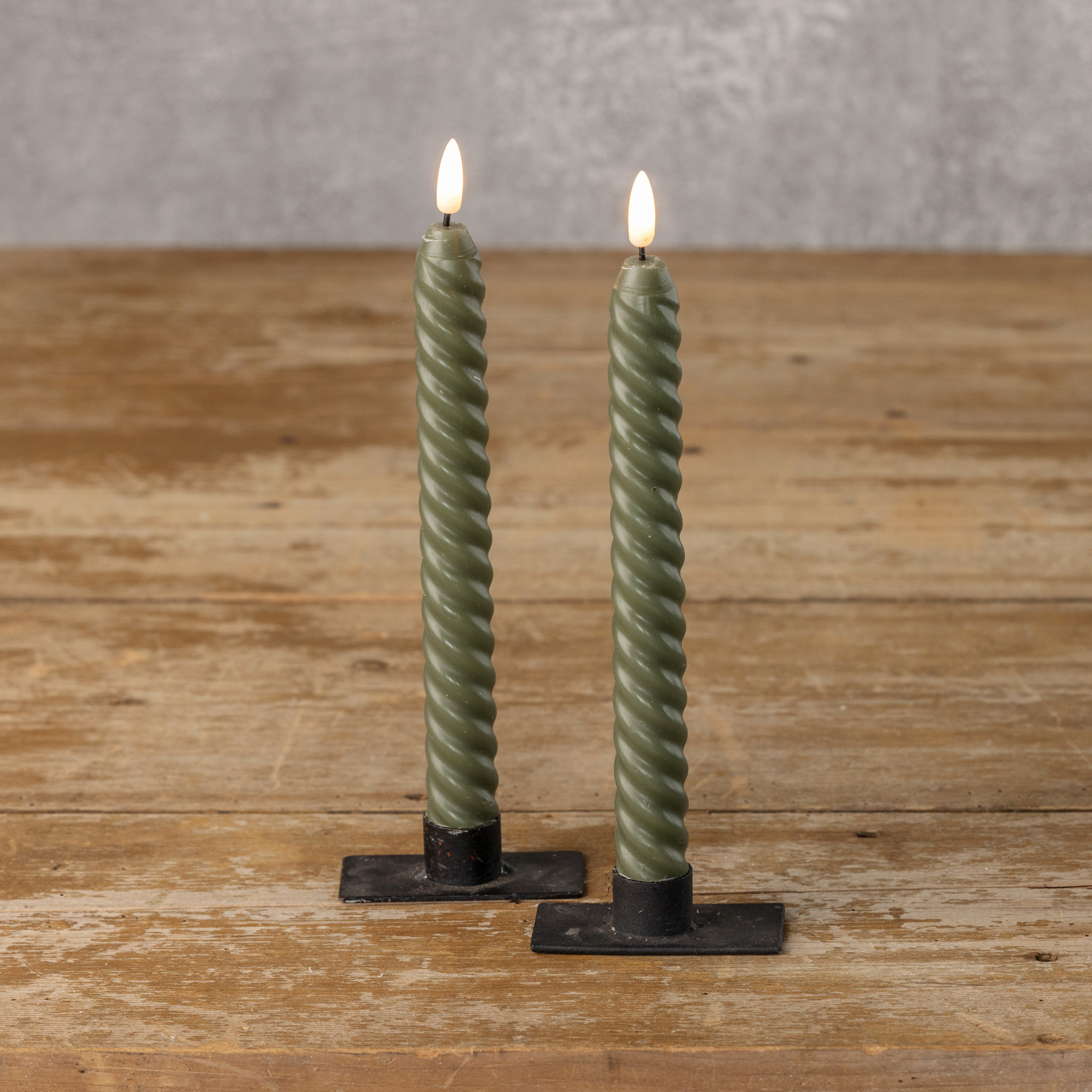 Flameless Twist Dark Green Taper Candles, Set of 2, 9.5"