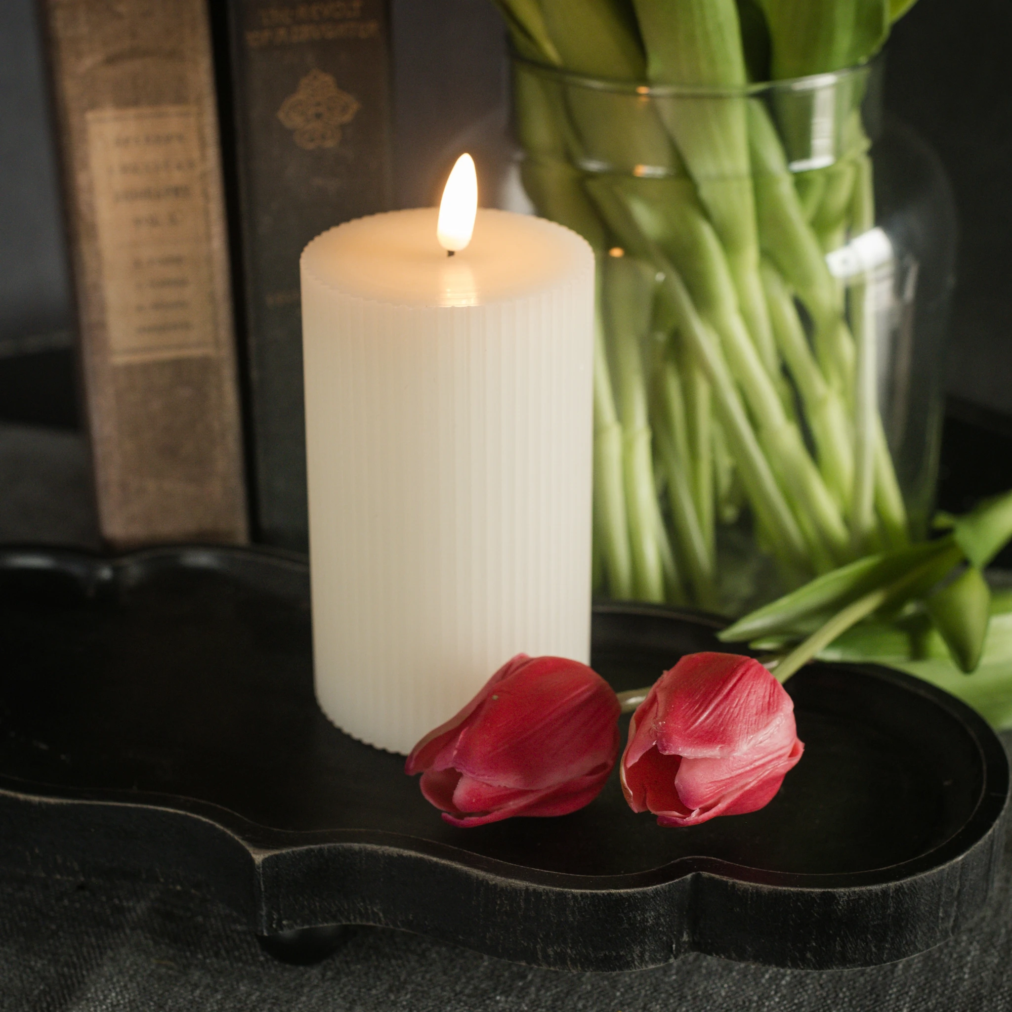 Flameless Cream Grooved Candle, 5"