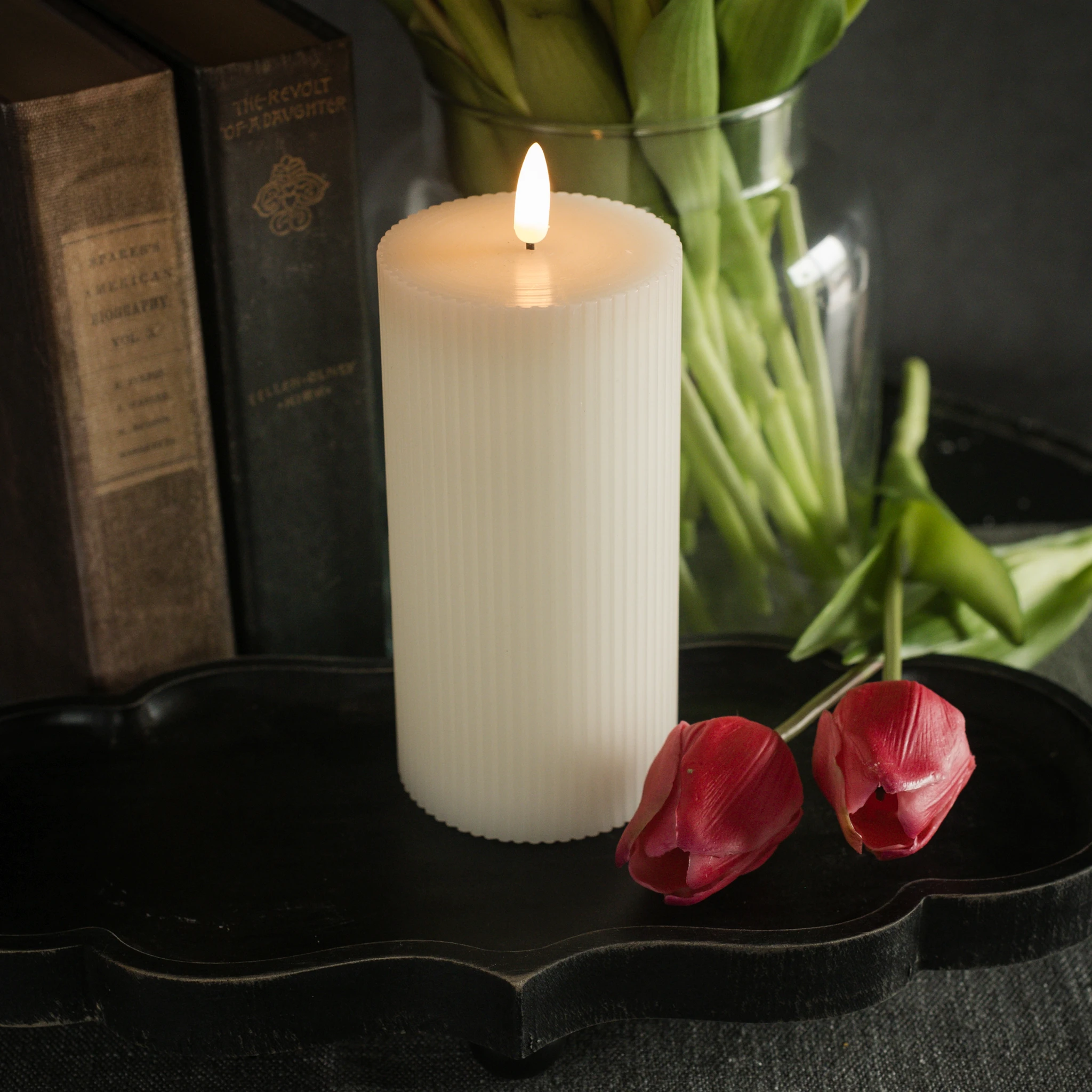 Flameless Cream Grooved Candle, 6"