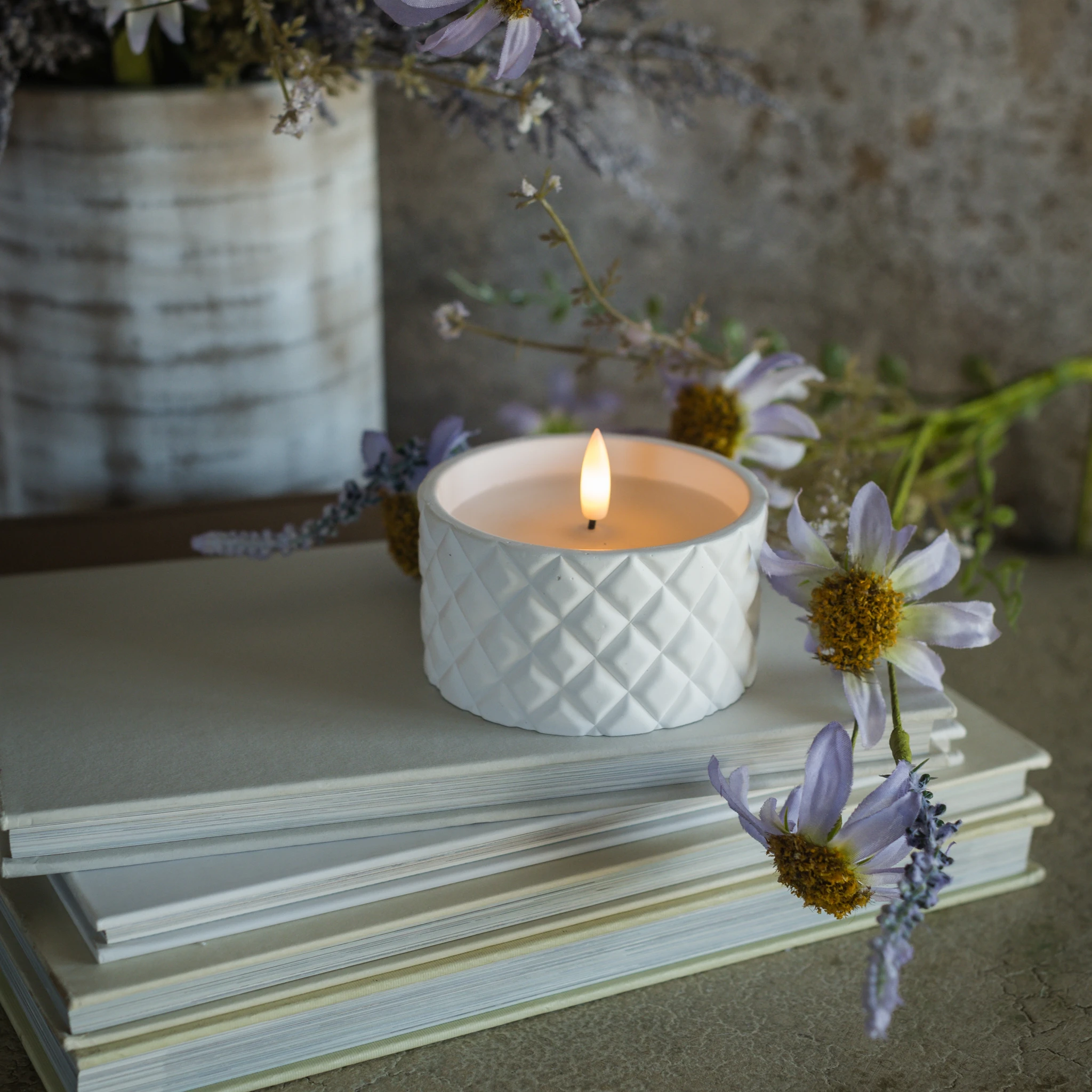 Flameless White Cement Grid Candle, 2.25"