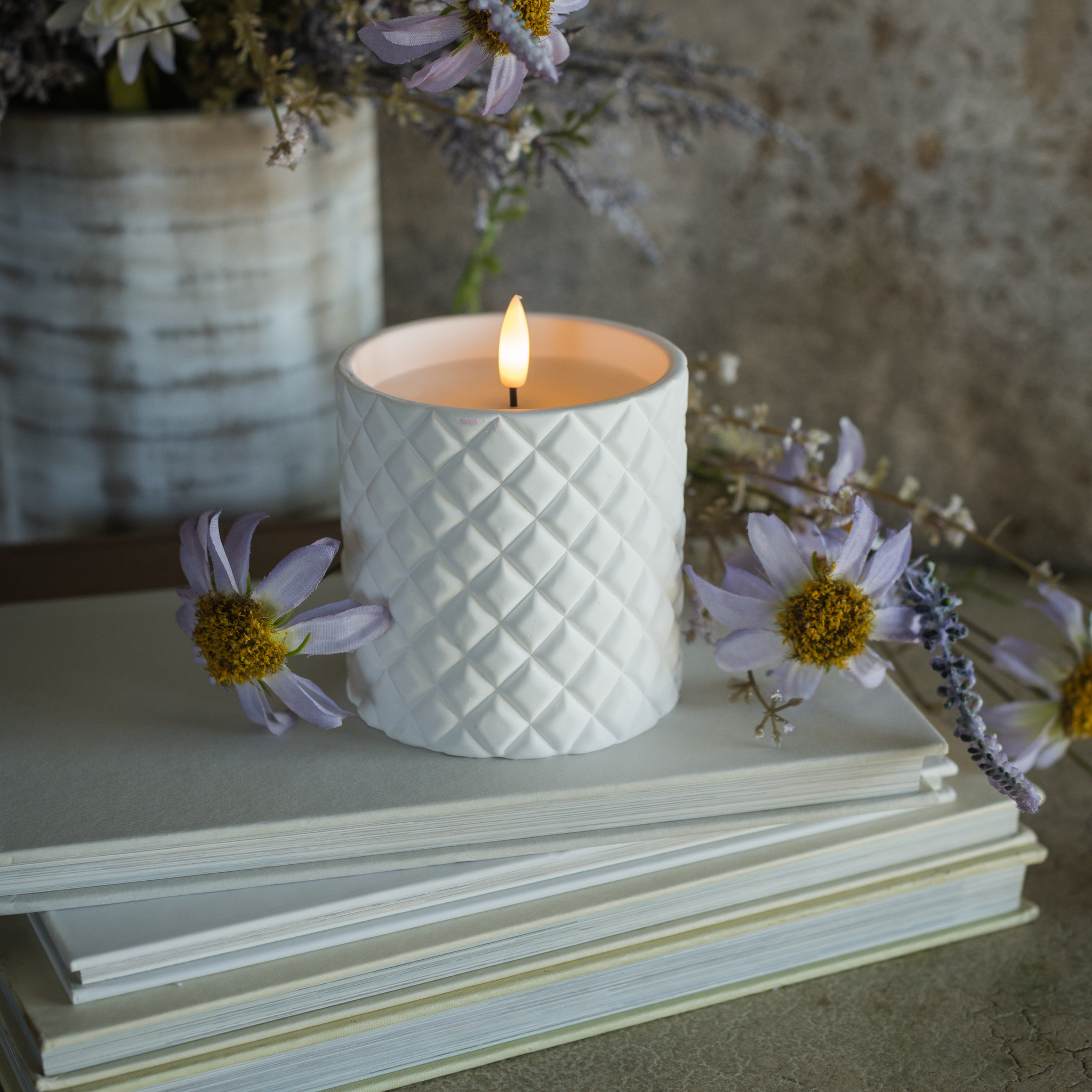 Flameless White Cement Grid Candle, 4"