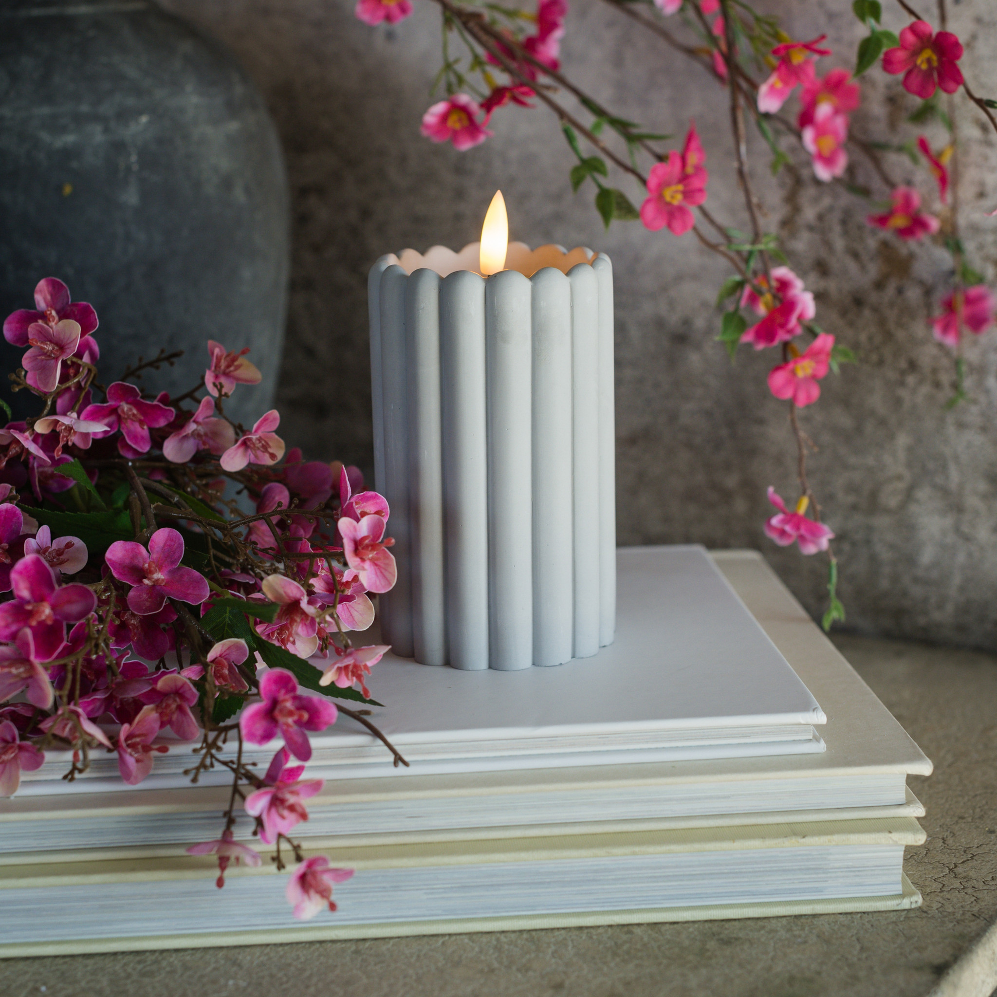 Flameless Grey Cement Column Candle, 5"