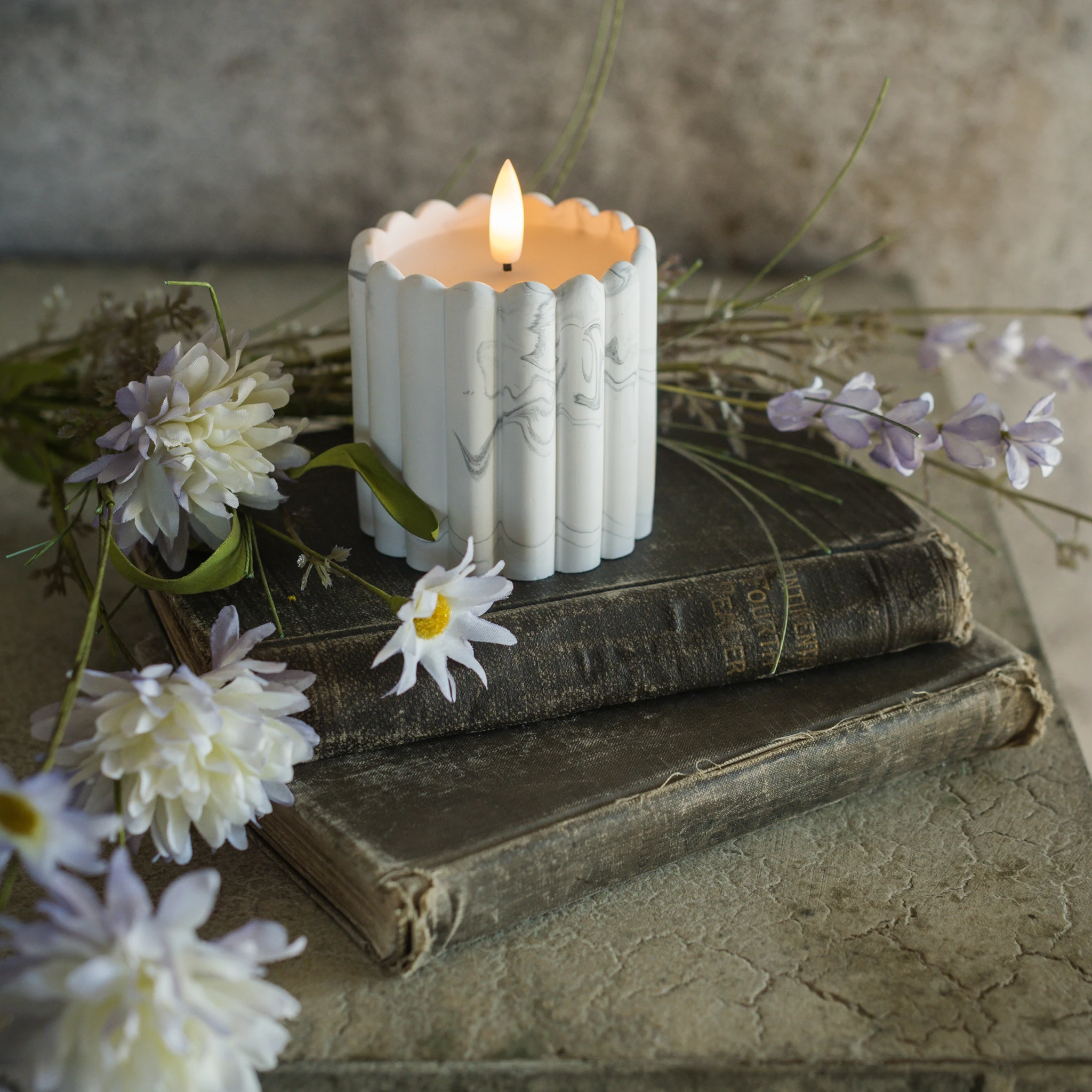 Flameless Marble Cement Column Candle, 3"