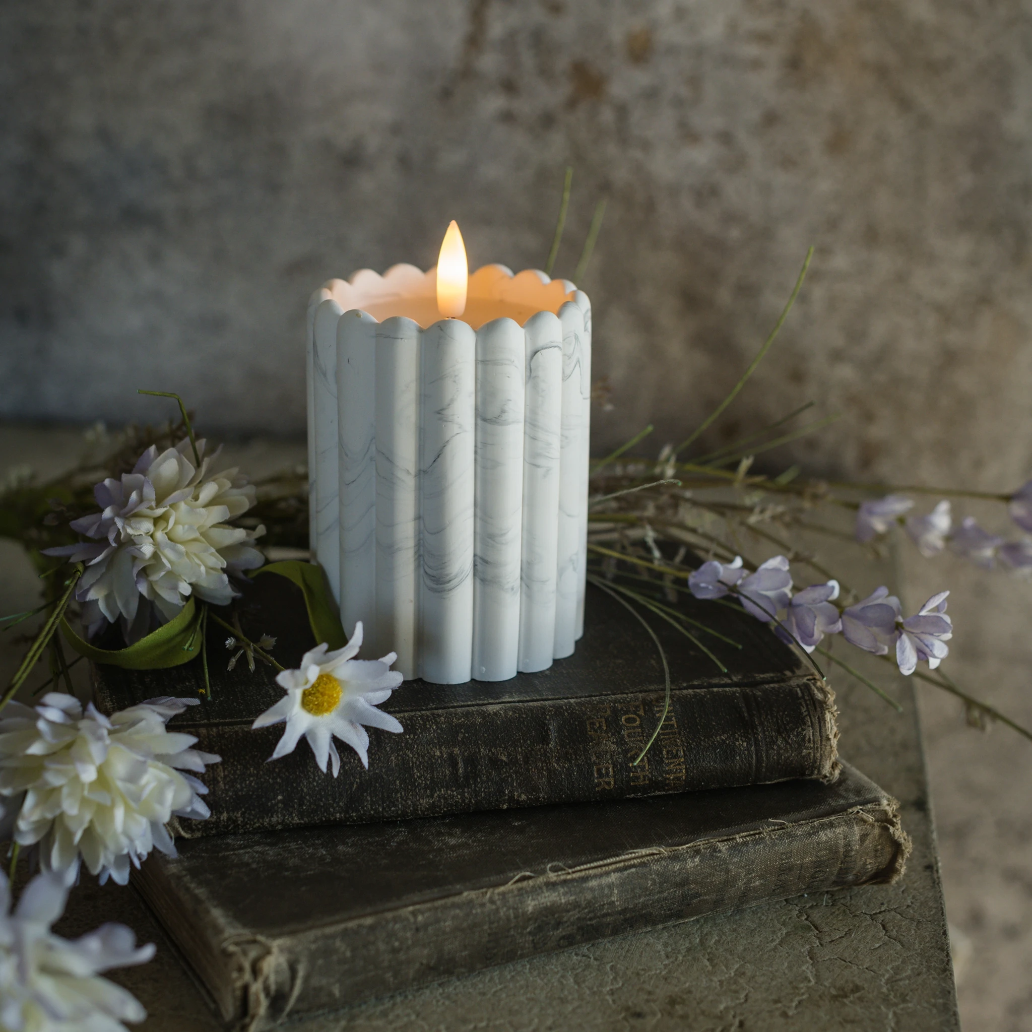 Flameless Marble Cement Column Candle, 4"