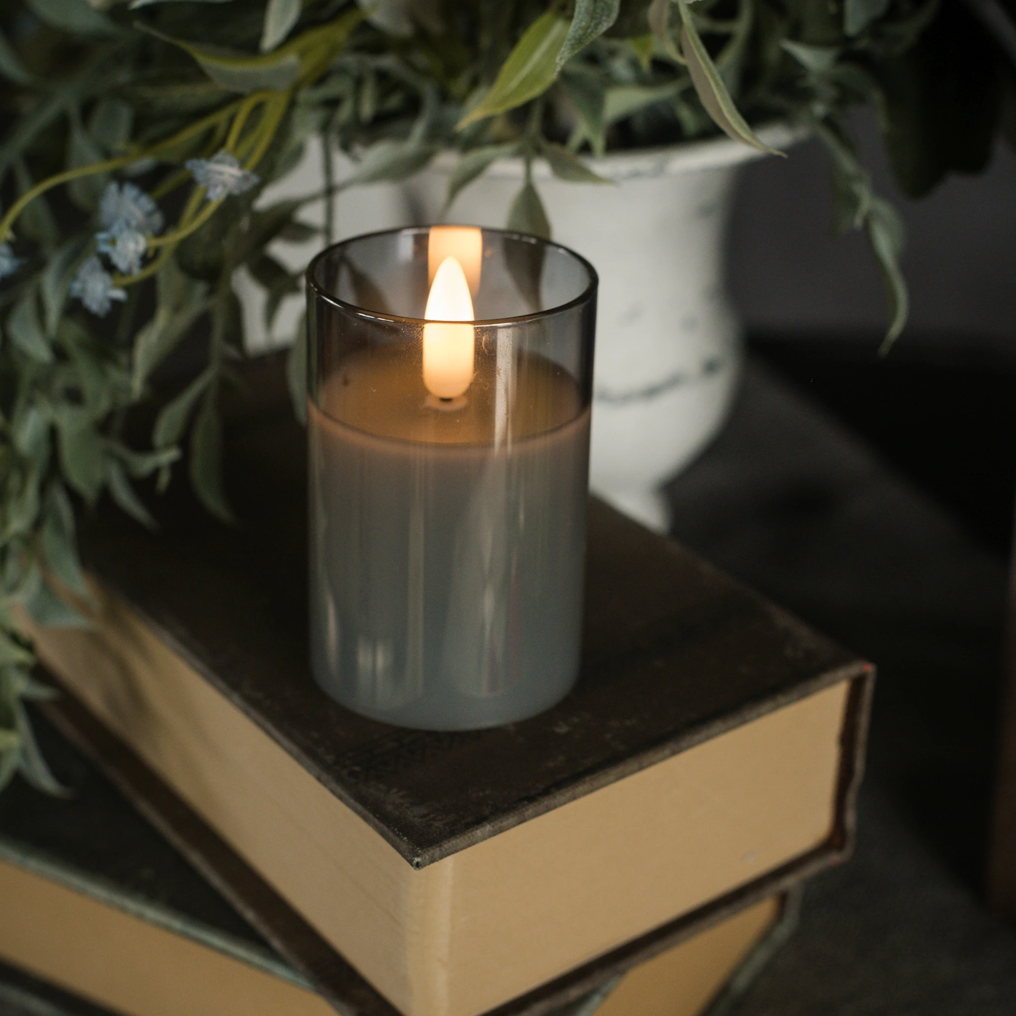 Flameless Charcoal Glass Candle, 3"