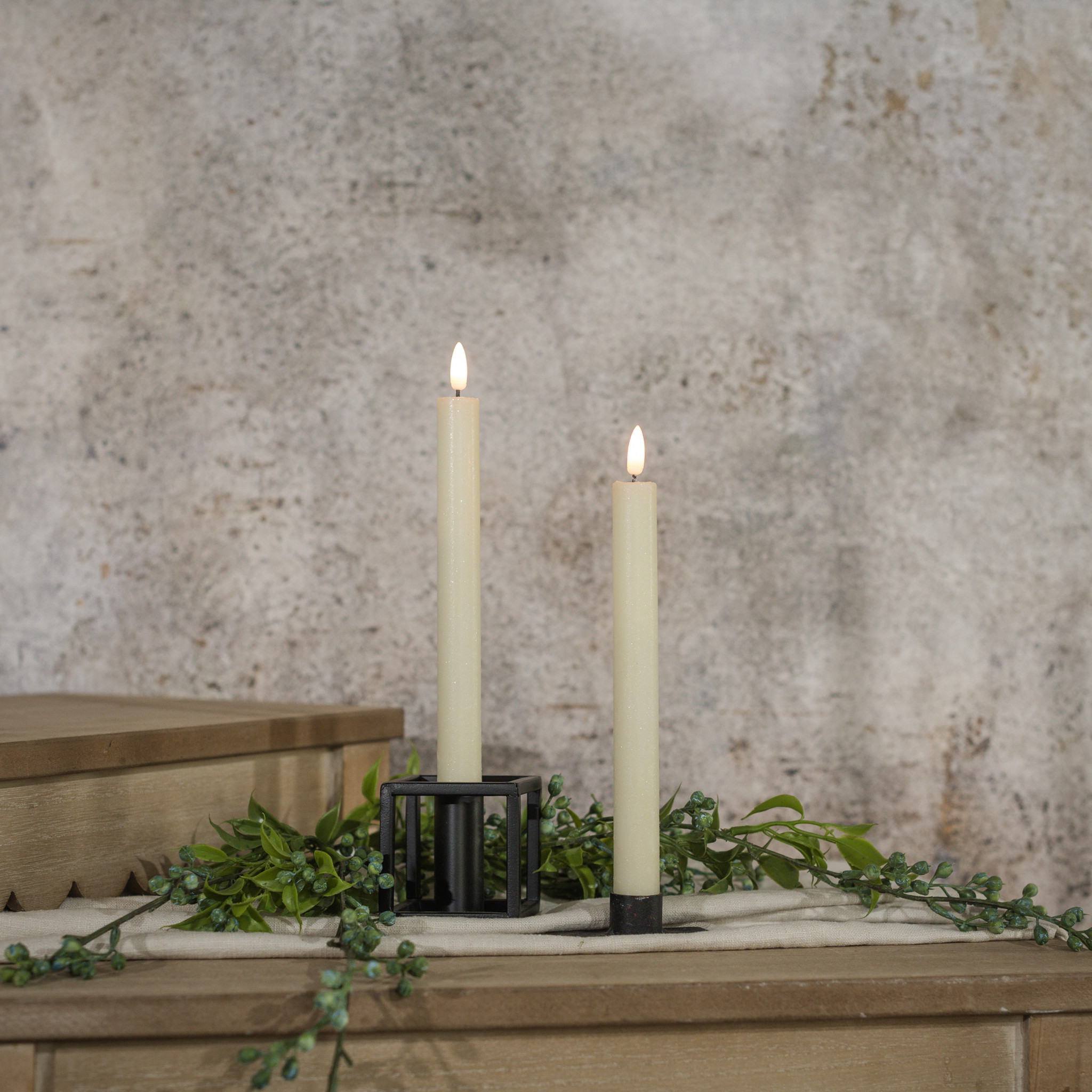 Flameless Cream Shimmer Taper Candles, Set of 2, 9.5", photo 2 of 3