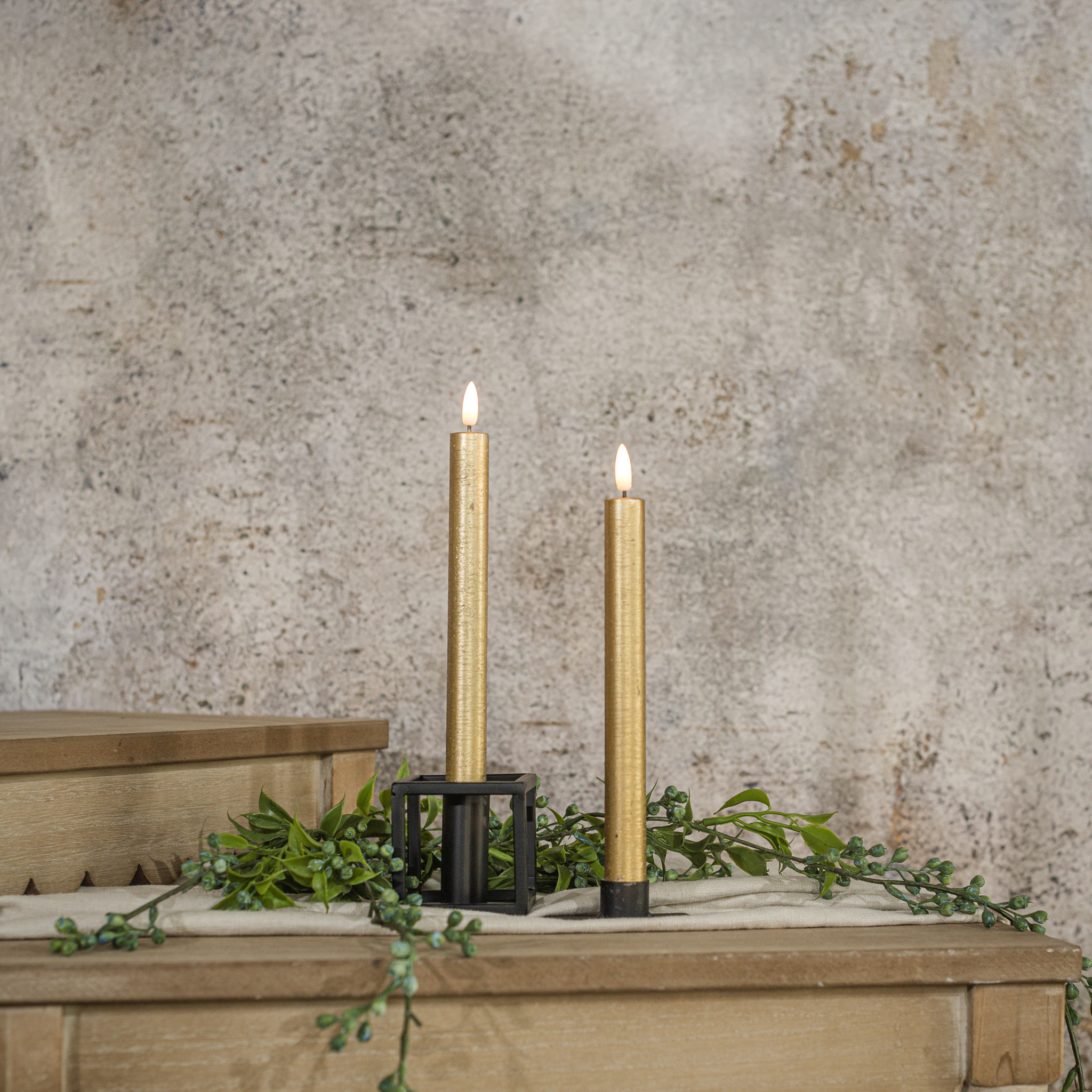 Flameless Gold Taper Candles, Set of 2, 9.5", photo 2 of 3