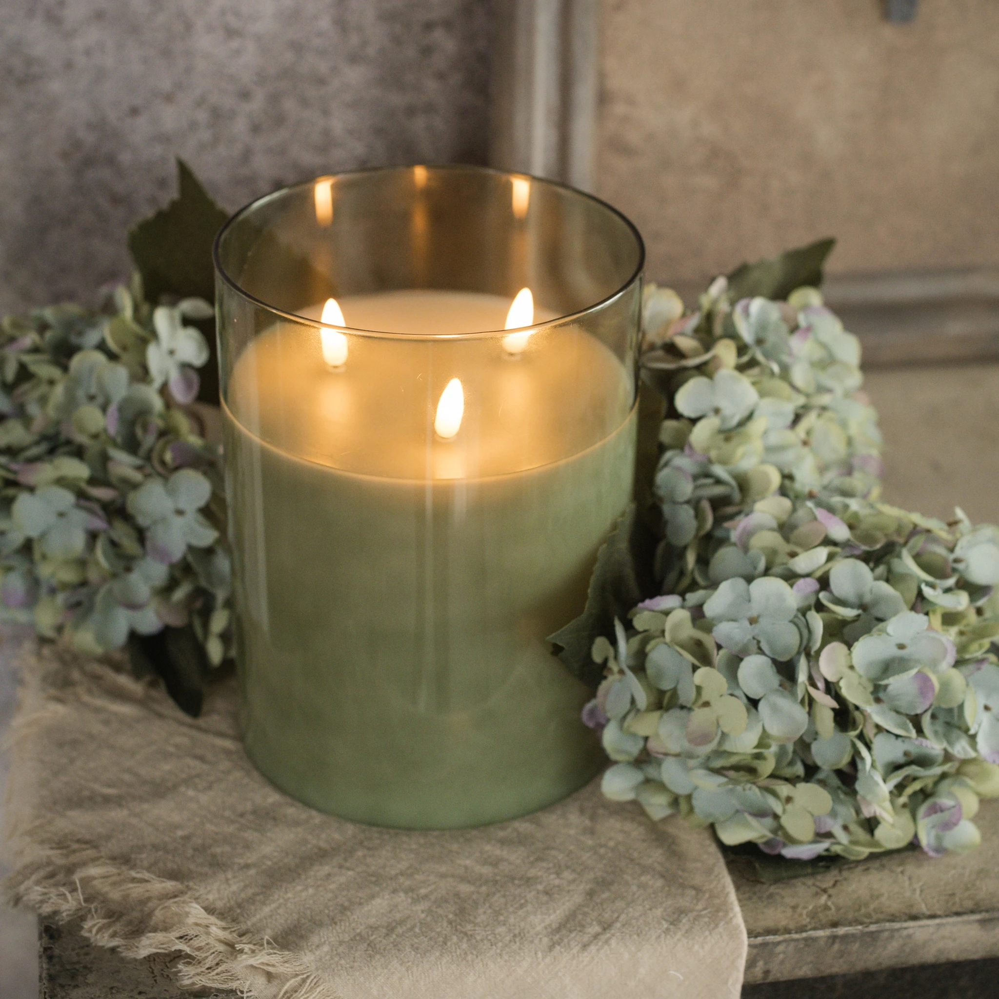 Flameless Green Glass 3-Wick Candle, 8", photo 2 of 3