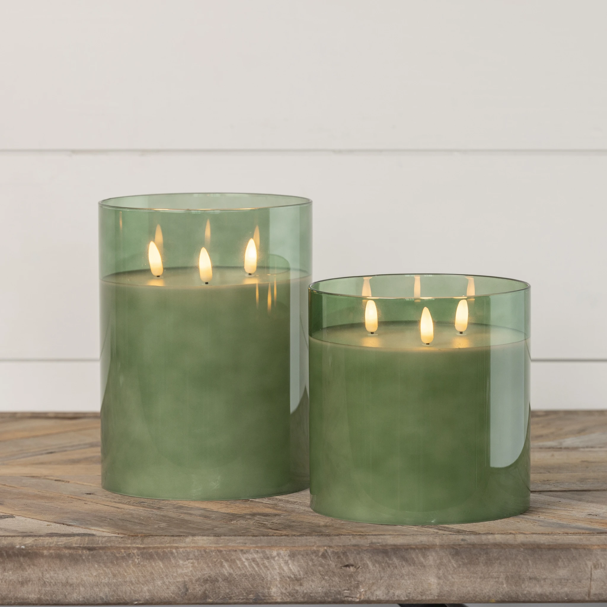 Flameless Green Glass 3-Wick Candle, 8", photo 3 of 3