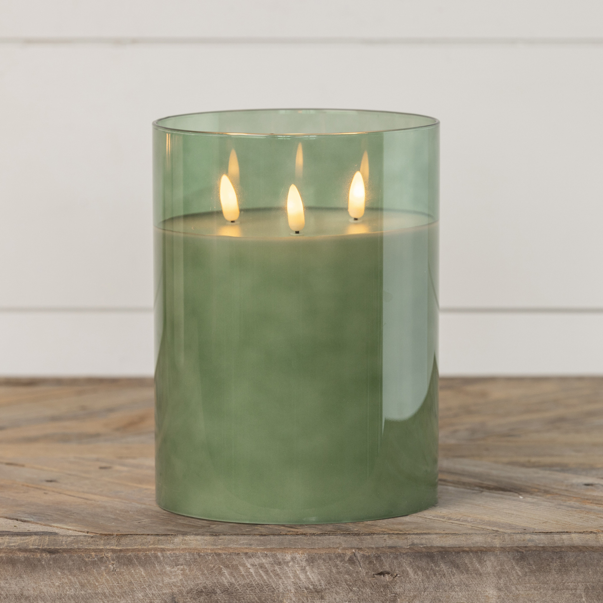 Flameless Green Glass 3-Wick Candle, 8"