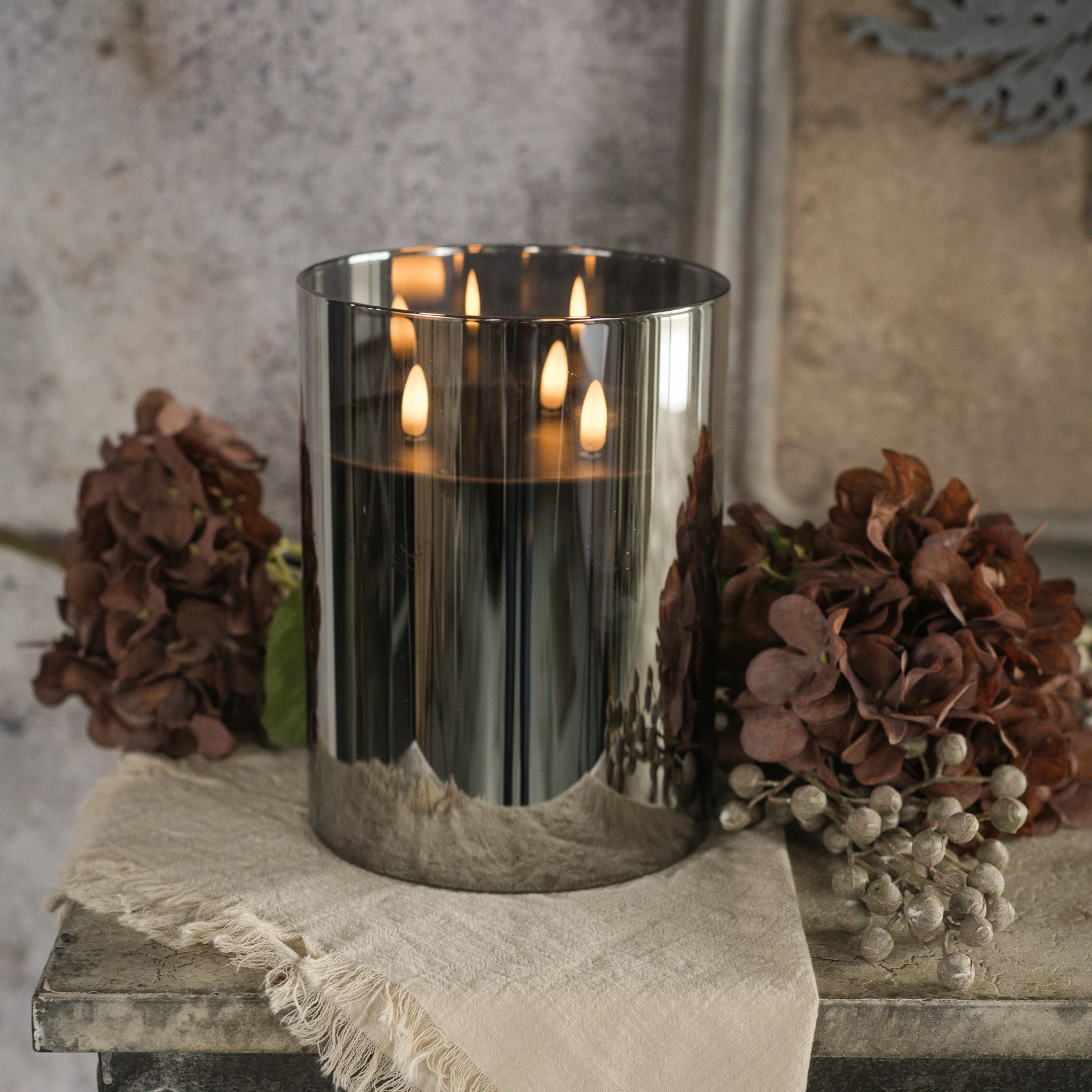 Flameless Black Glass 3-Wick Candle, 8"
