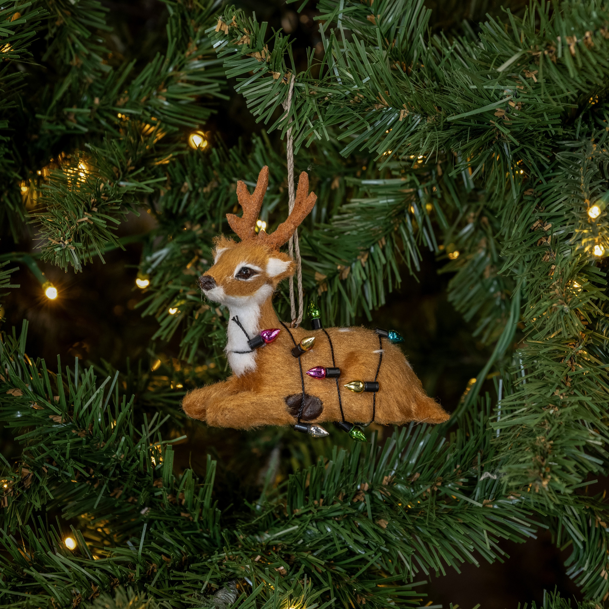 Resting Festive Fur Deer Ornament, photo 2 of 3