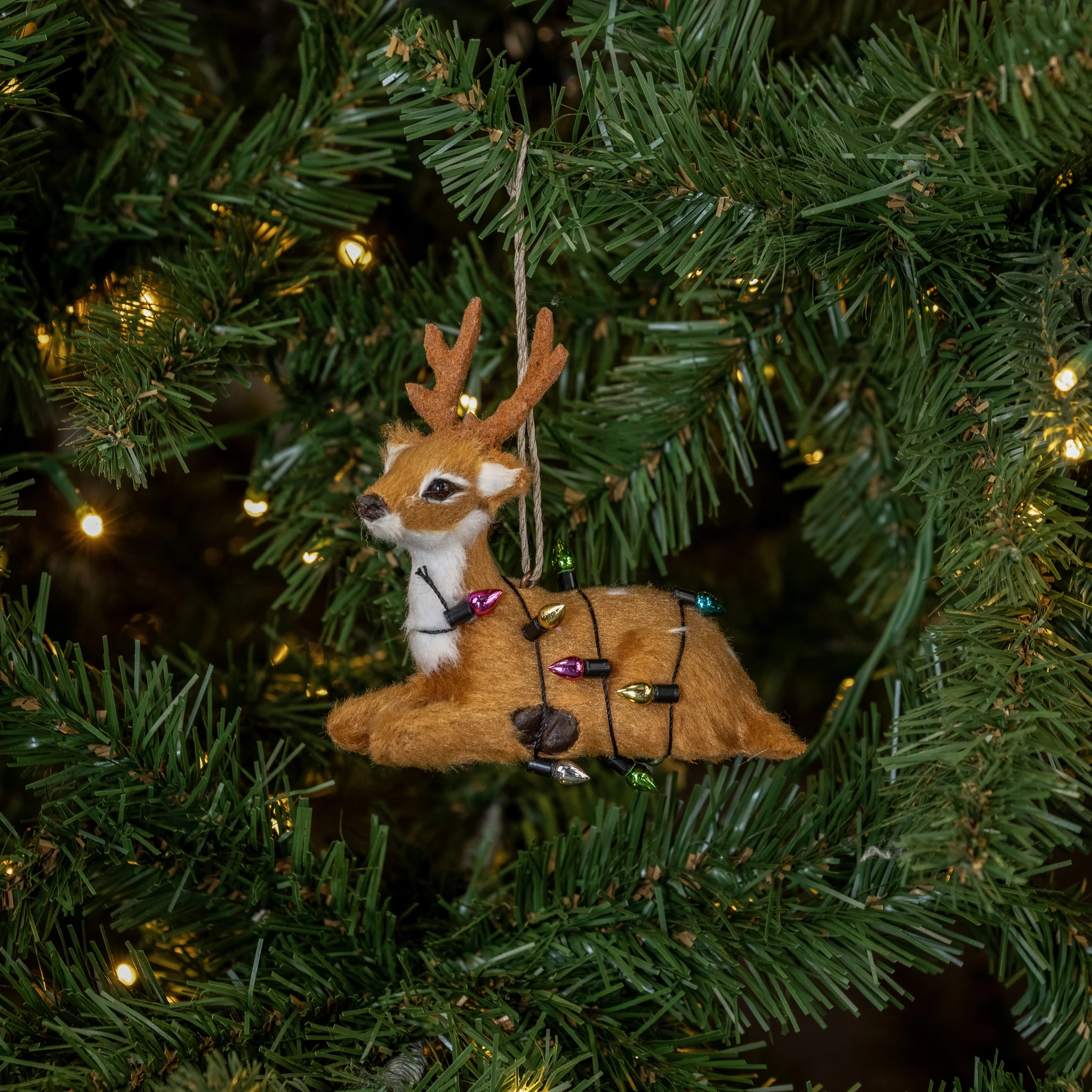 Resting Festive Fur Deer Ornament, photo 2 of 3