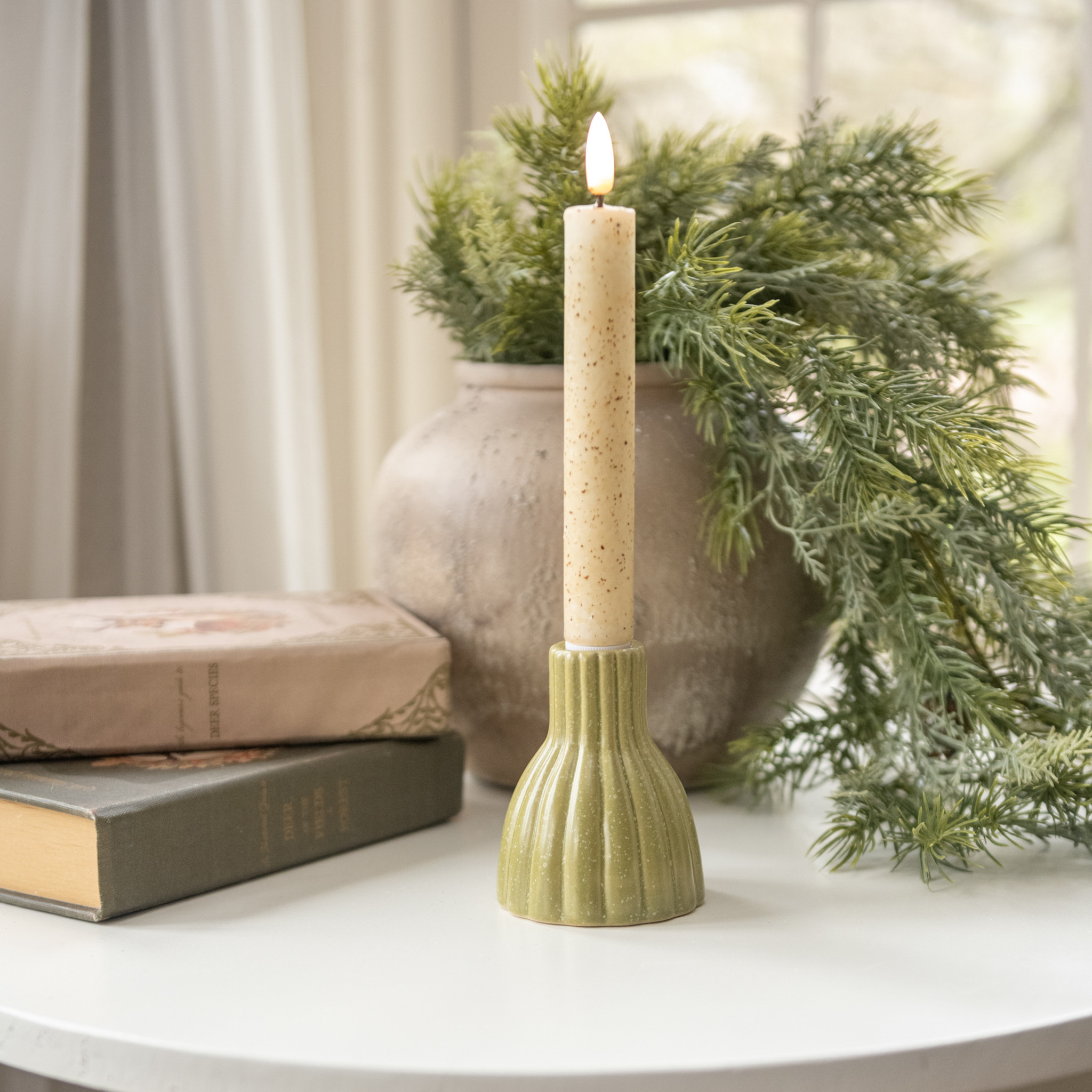 Green Ribbed Ceramic Taper Candlestick