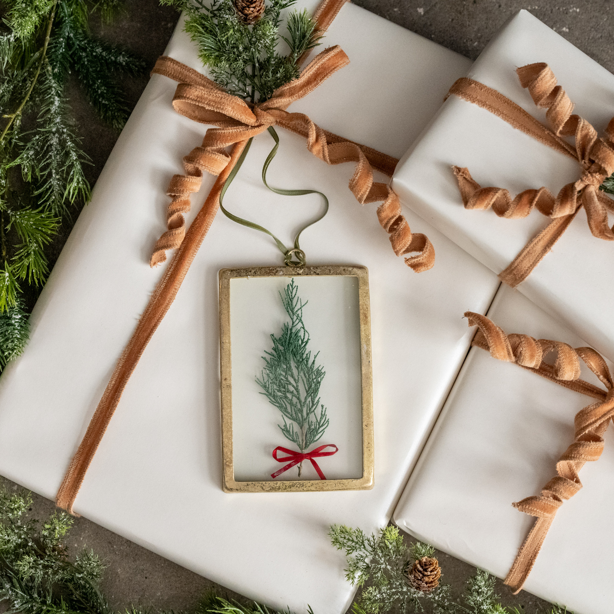 Rectangle Pressed Holiday Floral with Red Bow Ornament