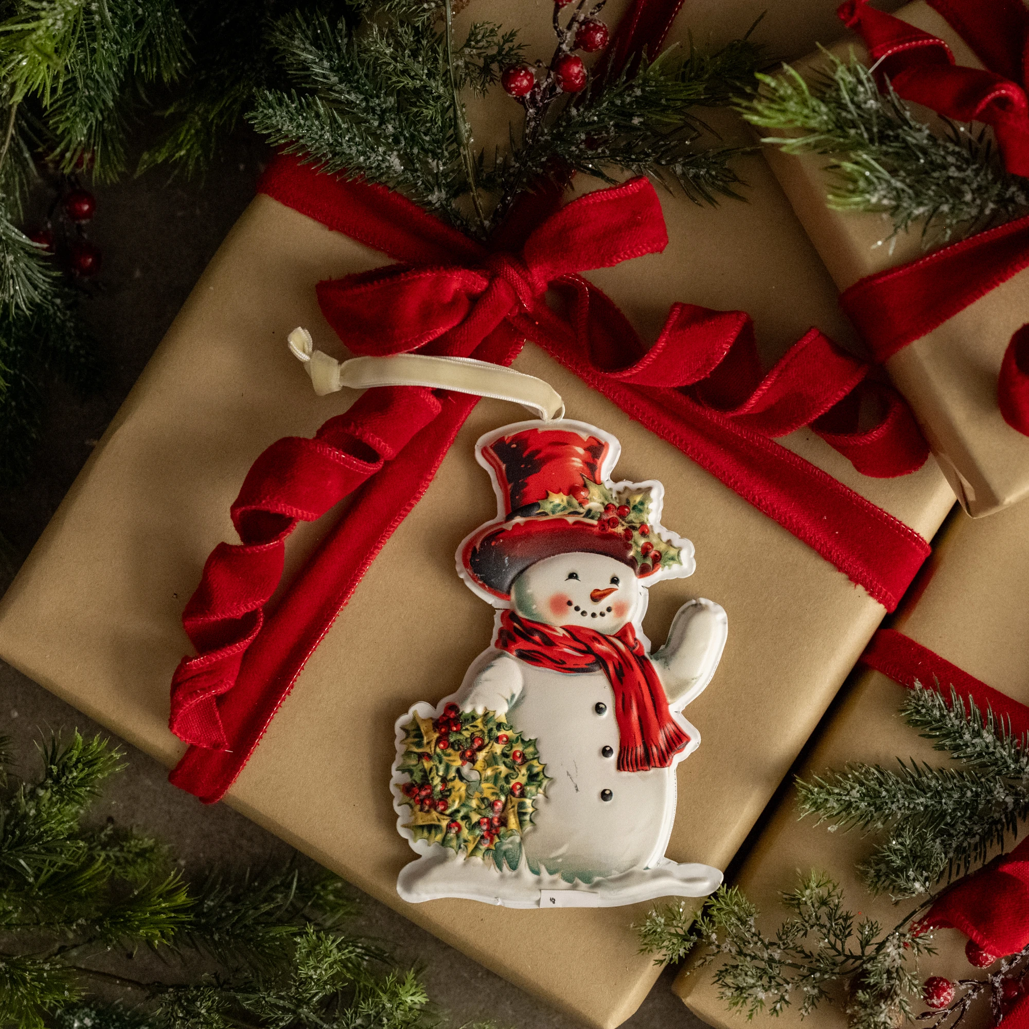 Snowman with Holly Wreath Ornament