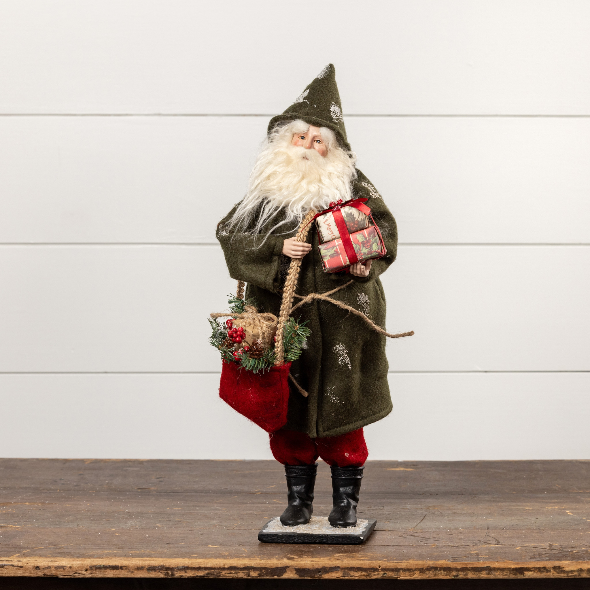 Santa Holding Gifts & Feather Tree, 22"