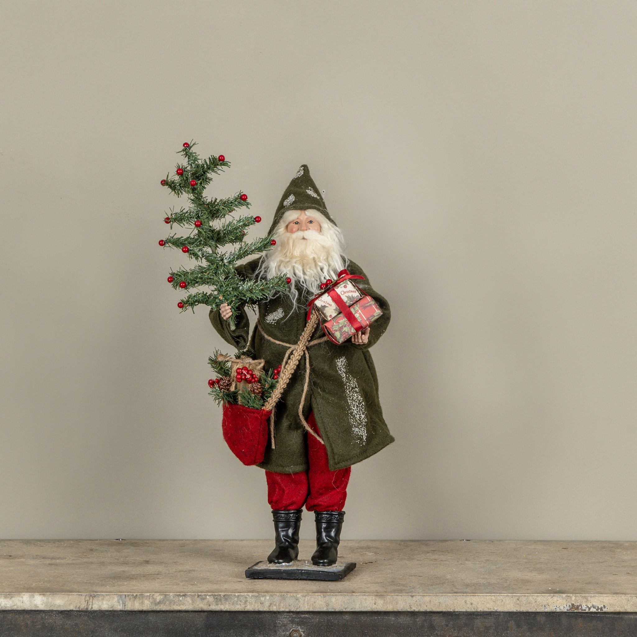 Santa Holding Gifts & Feather Tree, 22"