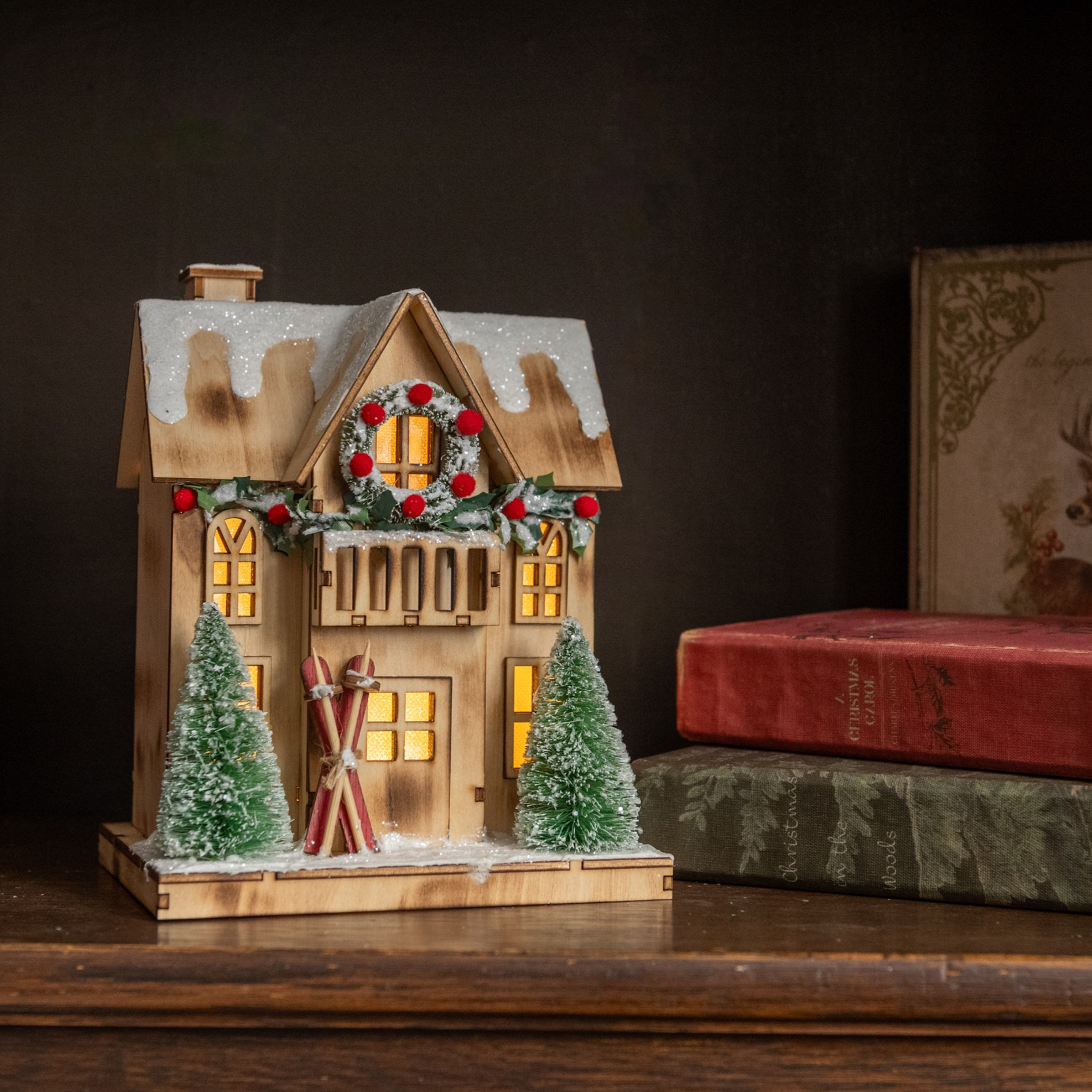 Lighted Wood Ski Lodge