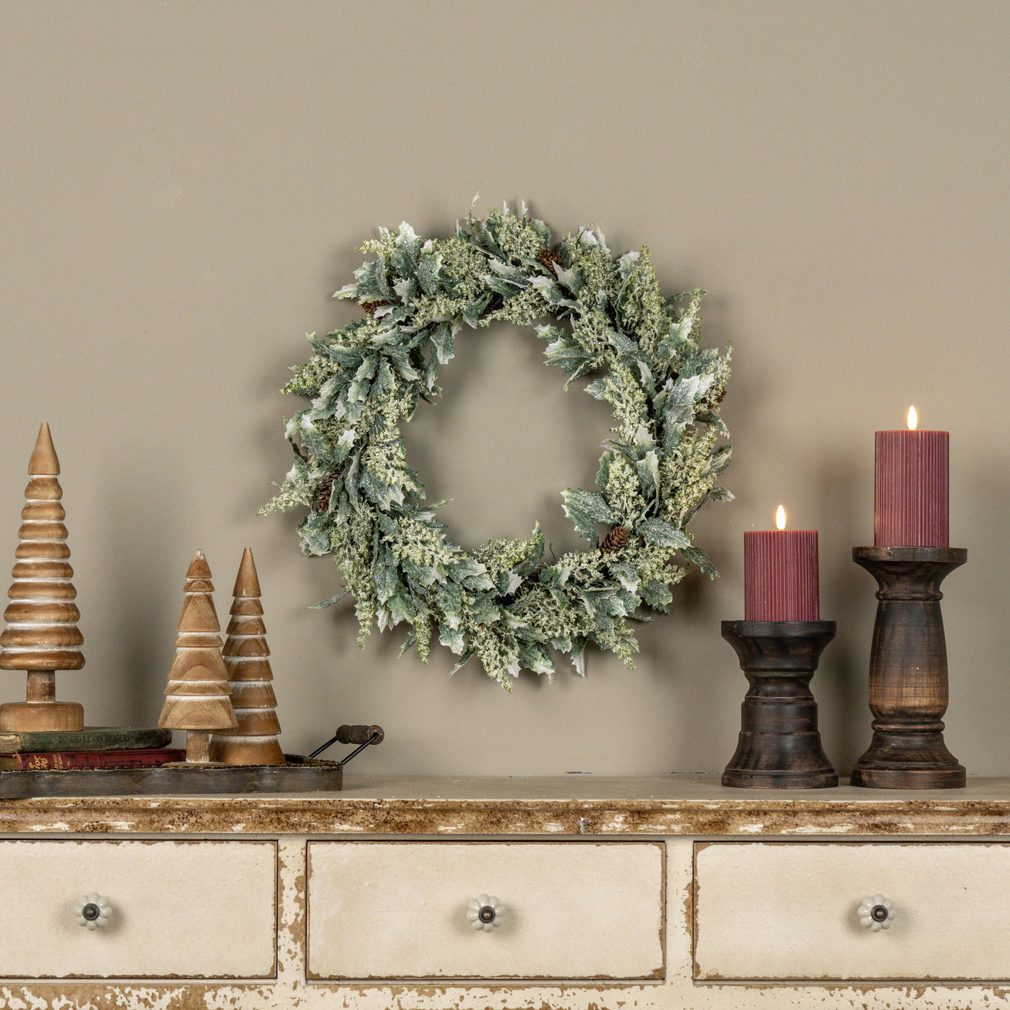 Frosted Holly with Pinecones Wreath, 20"