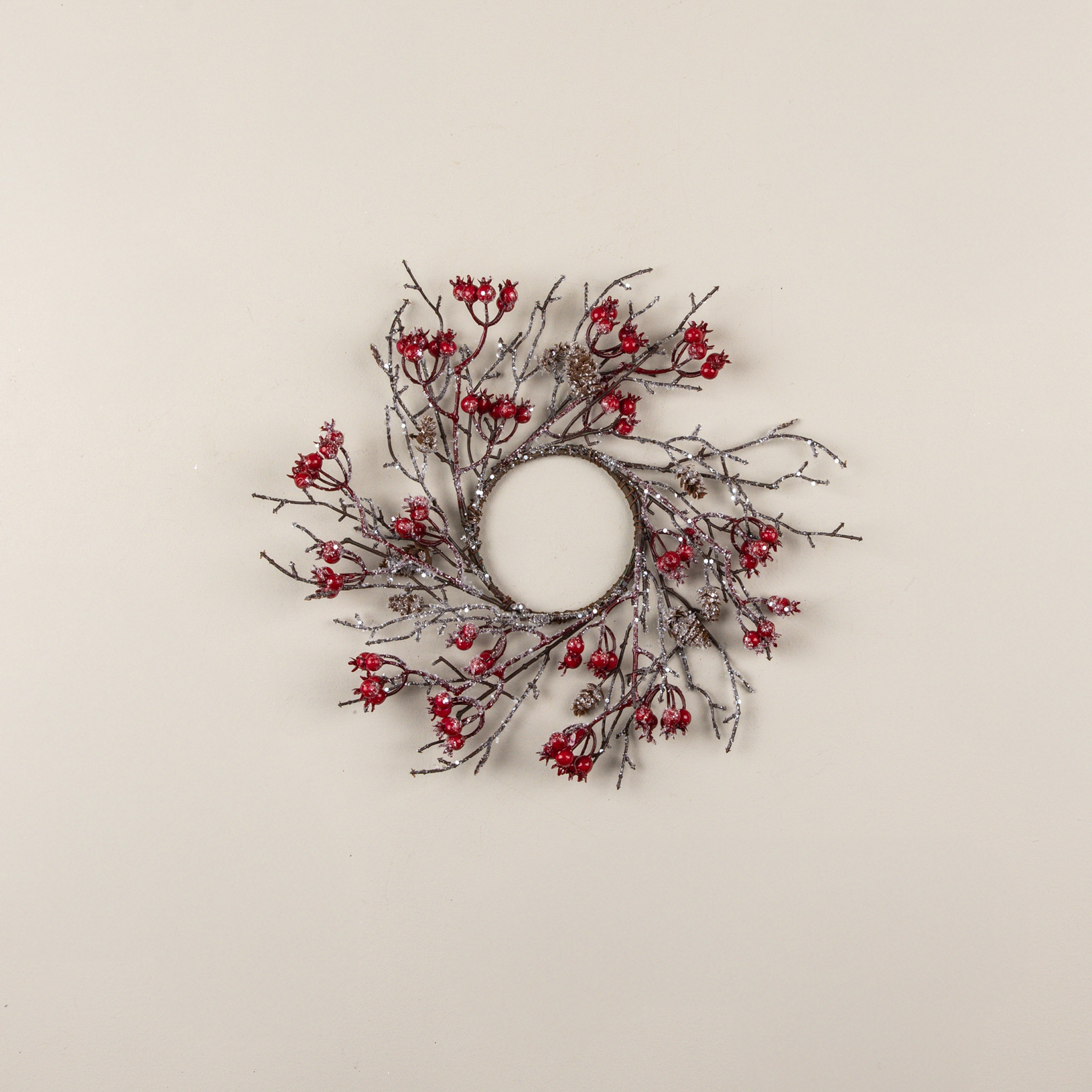 Iced Twig & Red Berry Candle Ring, 14"
