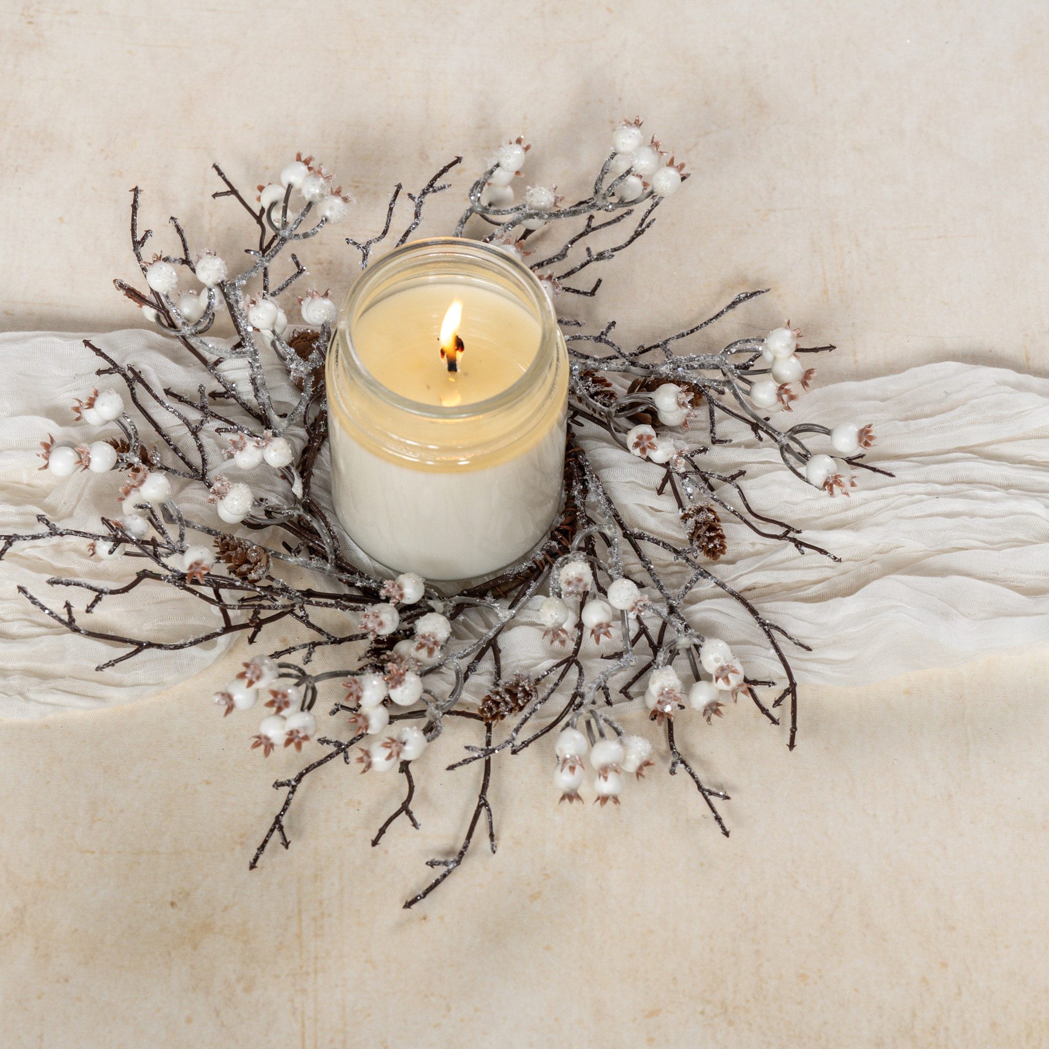 Iced Twig & White Berry Candle Ring, 14"