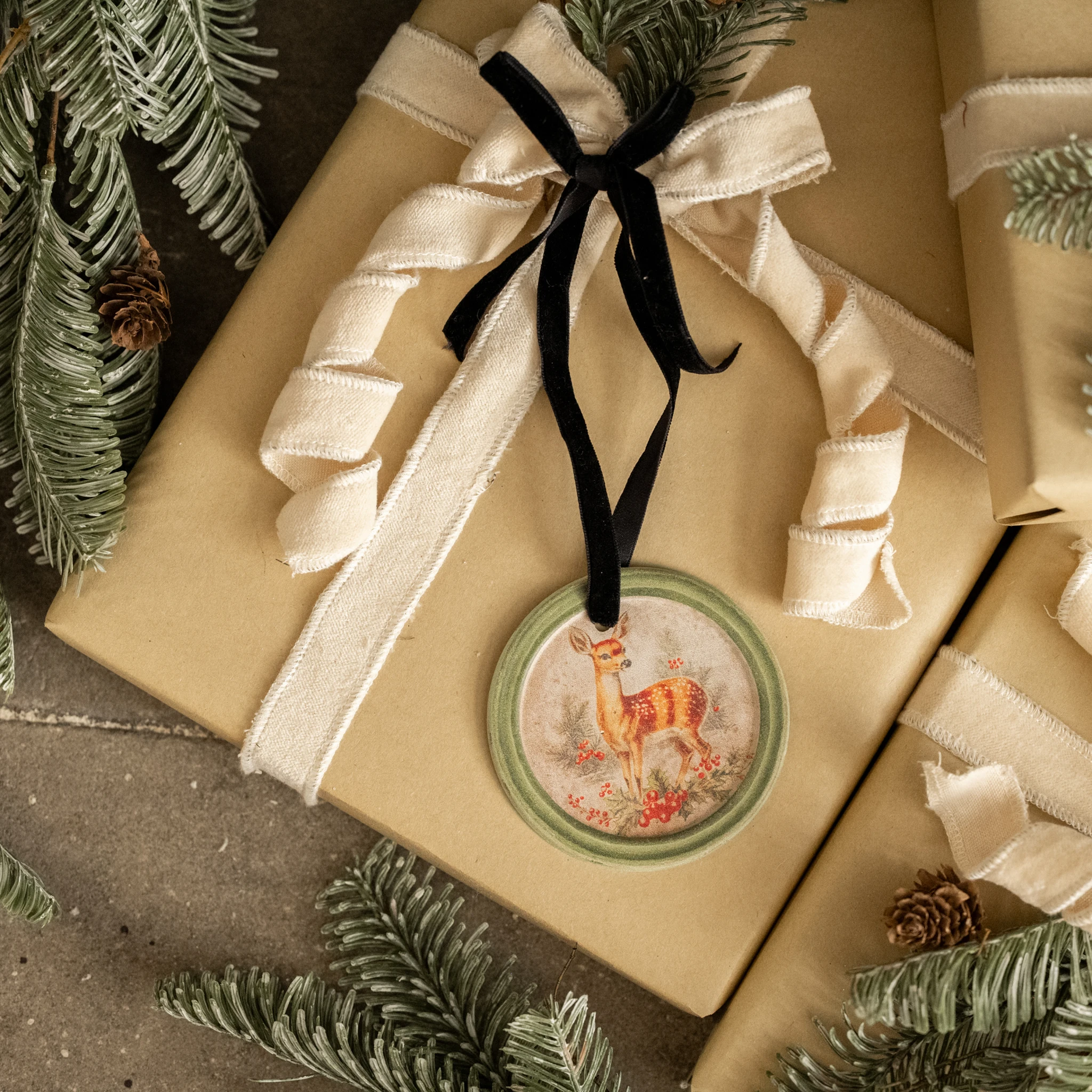 Framed Holiday Fawn Round Ornament
