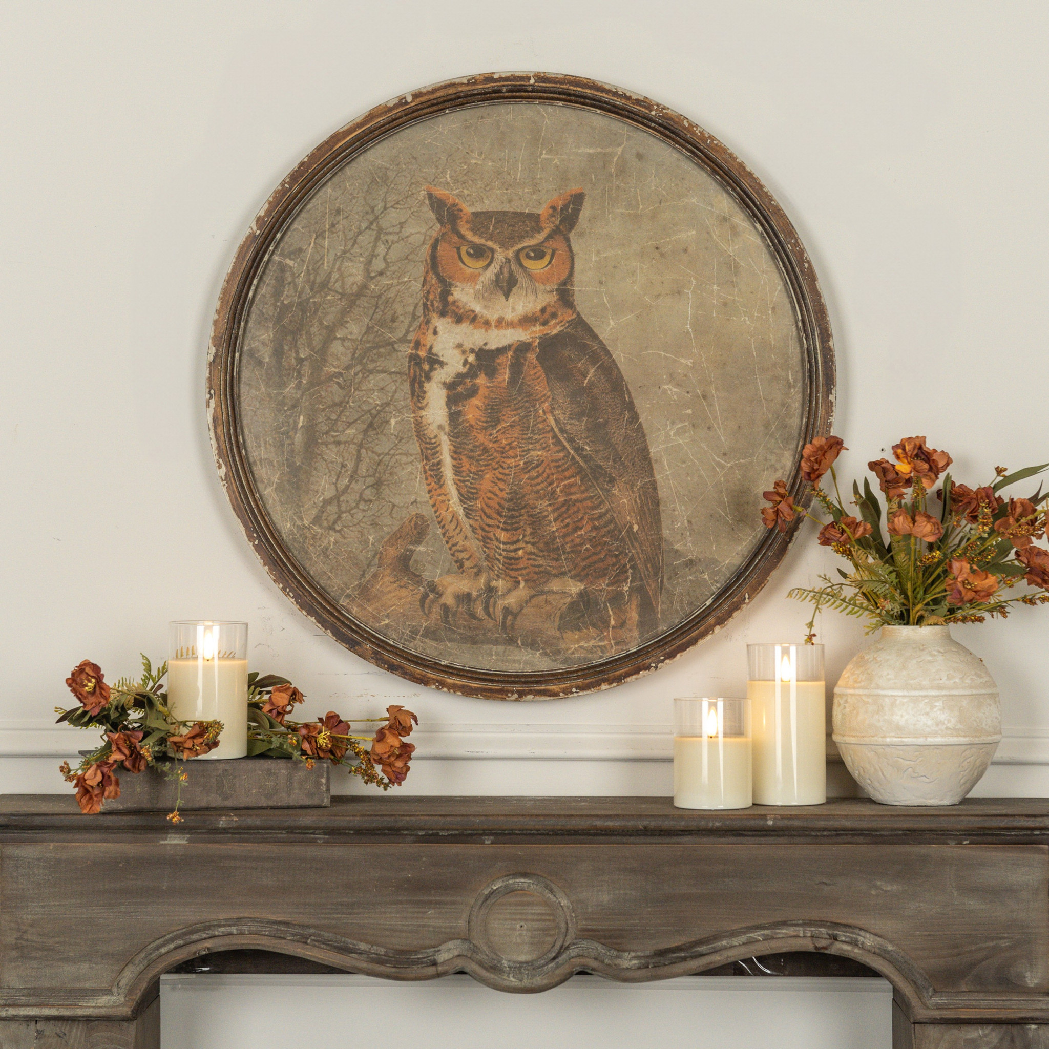 Round Framed Great Horned Owl Print