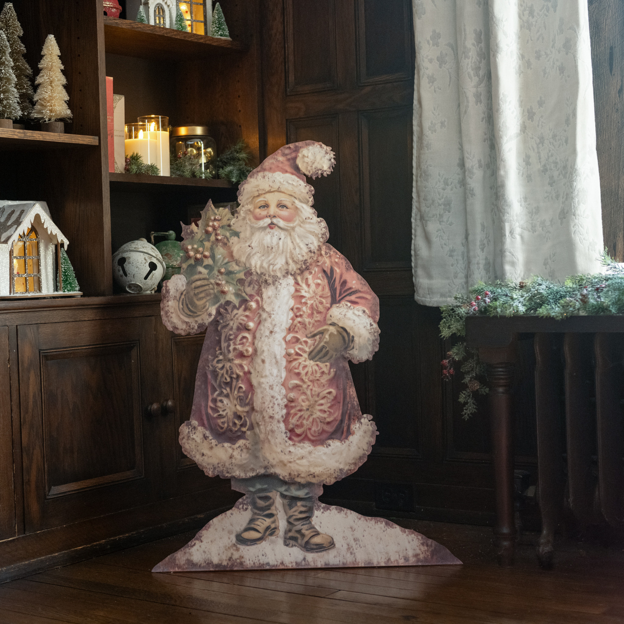 Santa with Holly Metal Dummy Board, 35.75"