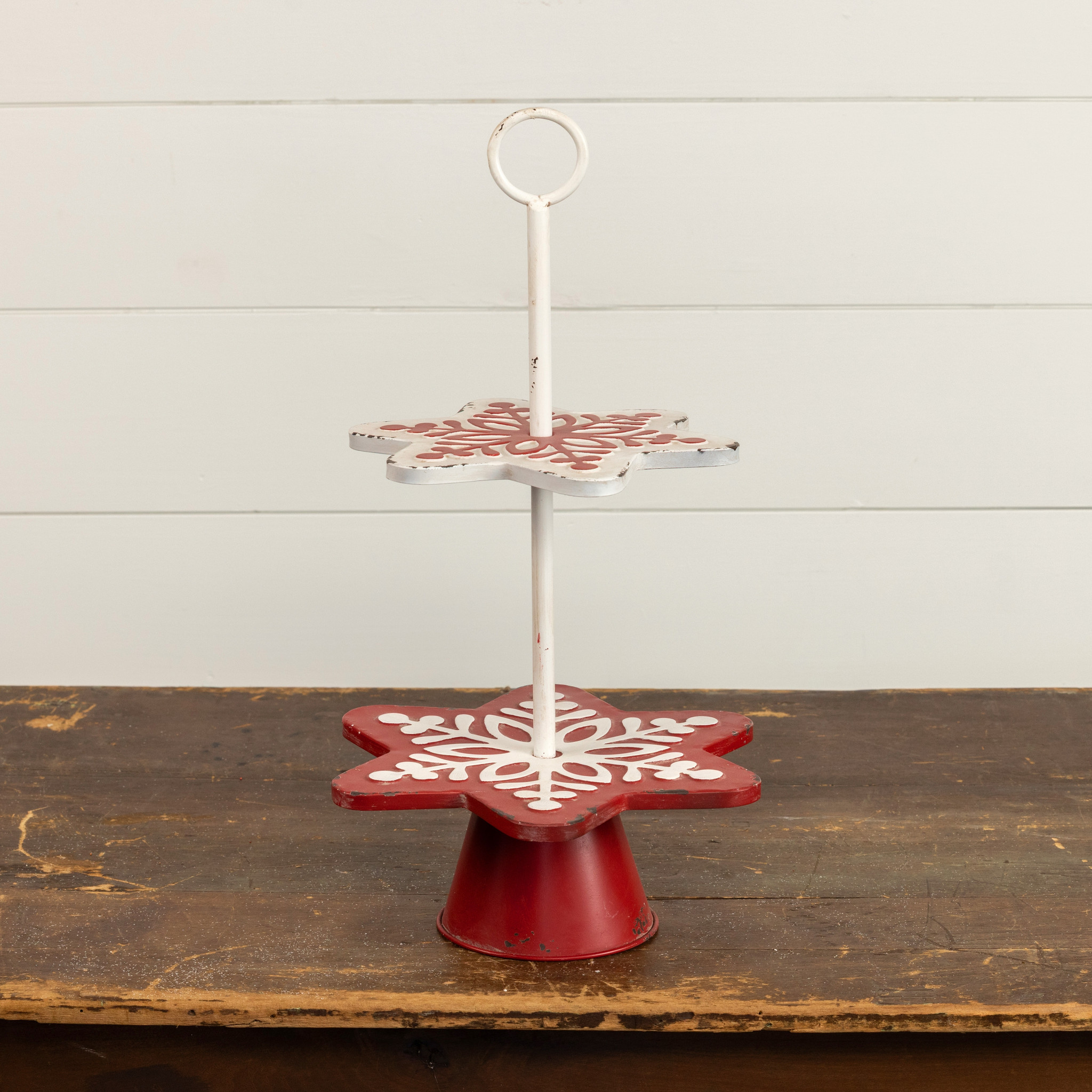 Red & White Two Tier Snowflake Stand