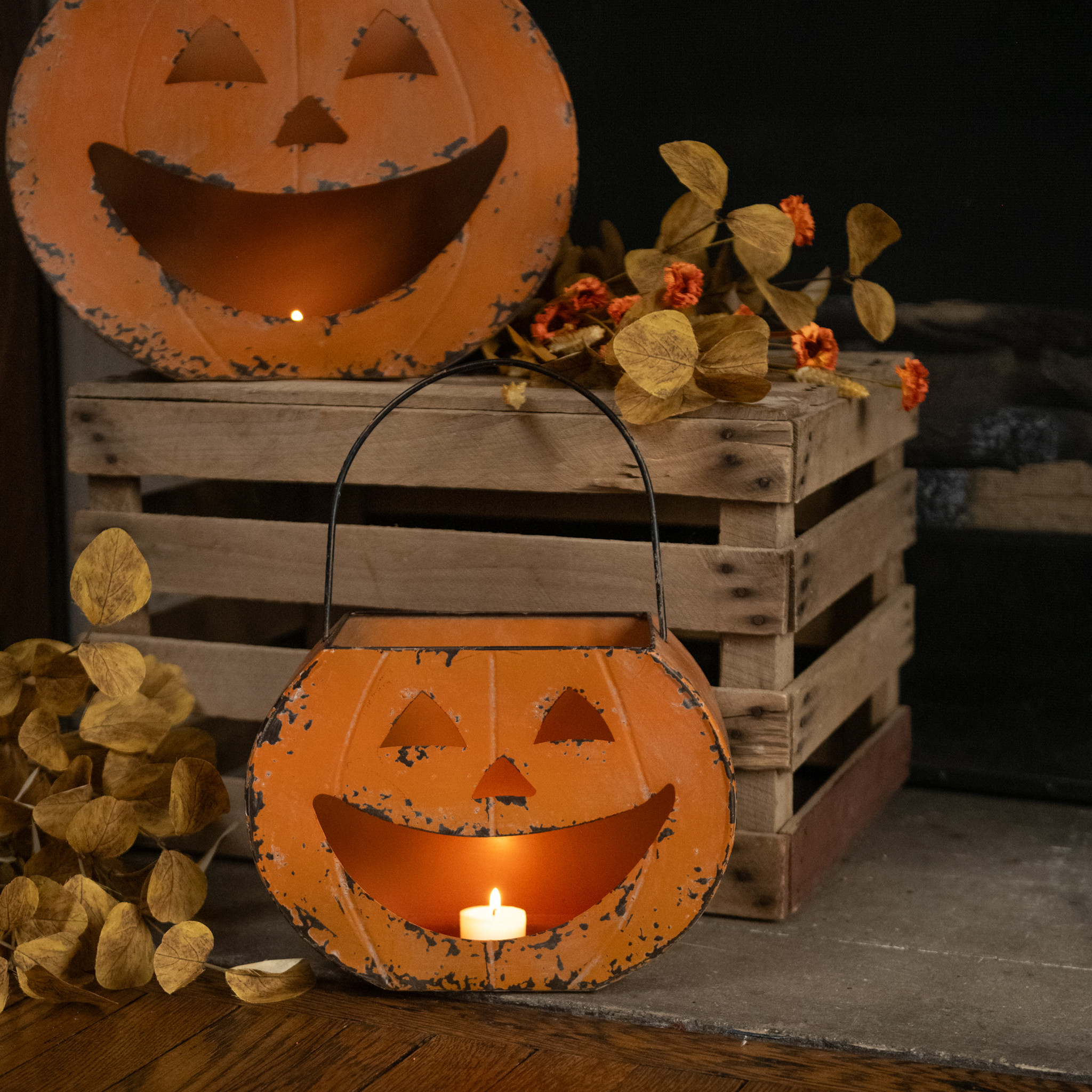 Happy Jack O Lantern Metal Bucket, 7.5"